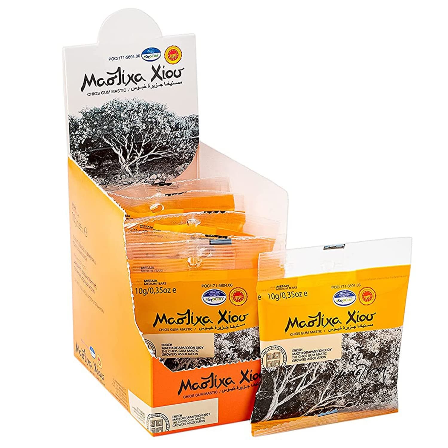 Chios Mastic Gum 3.53oz 100g Medium Tears, 100% Authentic Natural Mastiha, Chios Gum Mastic Growers Association, 10 Envelopes of 10g