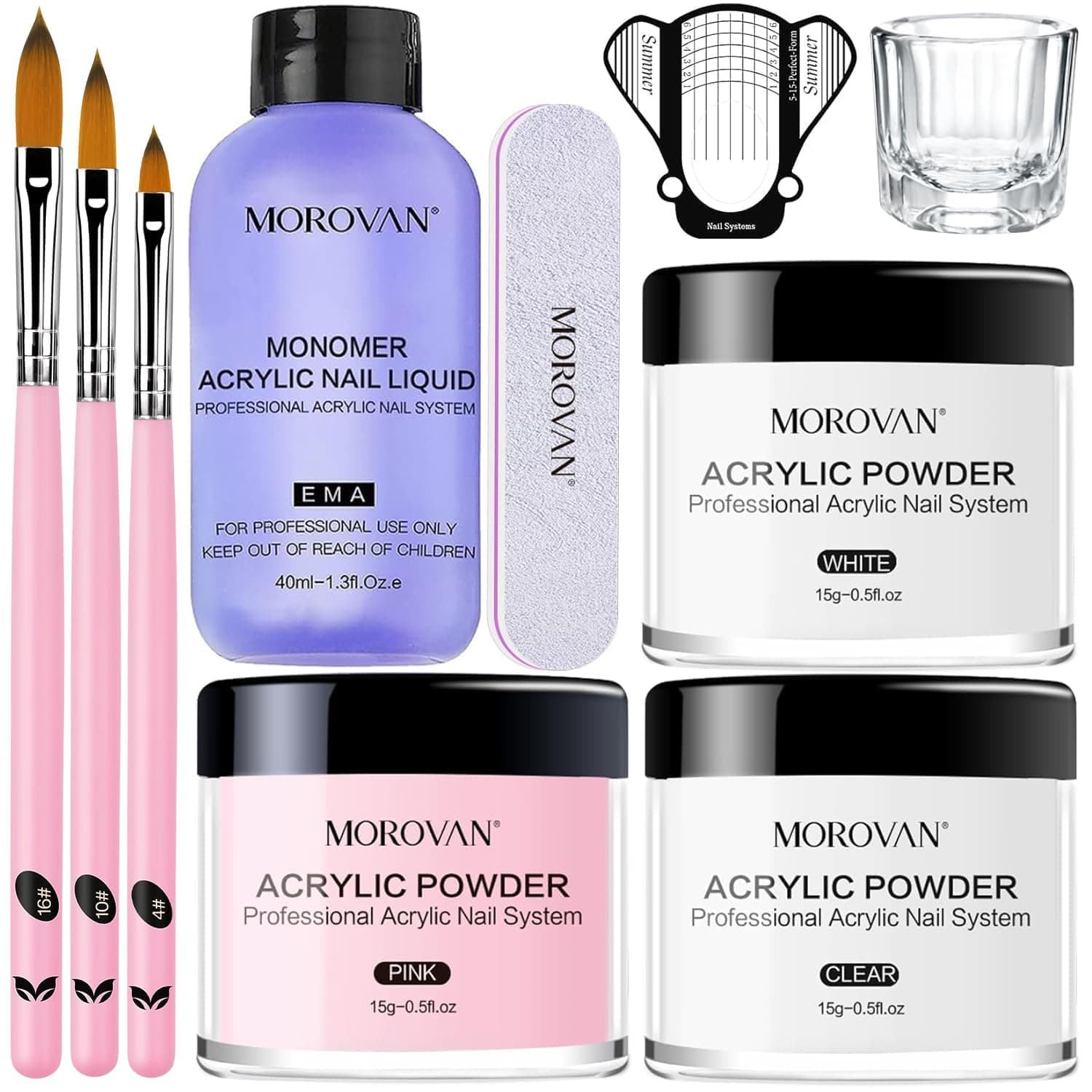 Morovan Acrylic Nail Kit: Light Pink White Acrylic Powder and Professional Acrylic Nail Extension Liquid Set for DIY Beginners at Home with Acrylic Nail Brush