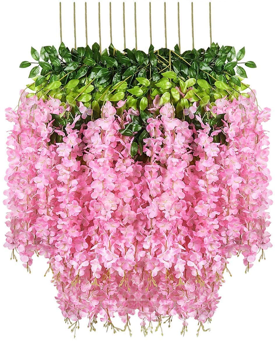 GT Gloptook 6 Pcs Artificial Polyester Hanging Flower Wisteria Vines Fake Flowers Vines for Home Party Wedding Garden Outdoor Greenery Decoration (6, Pink)