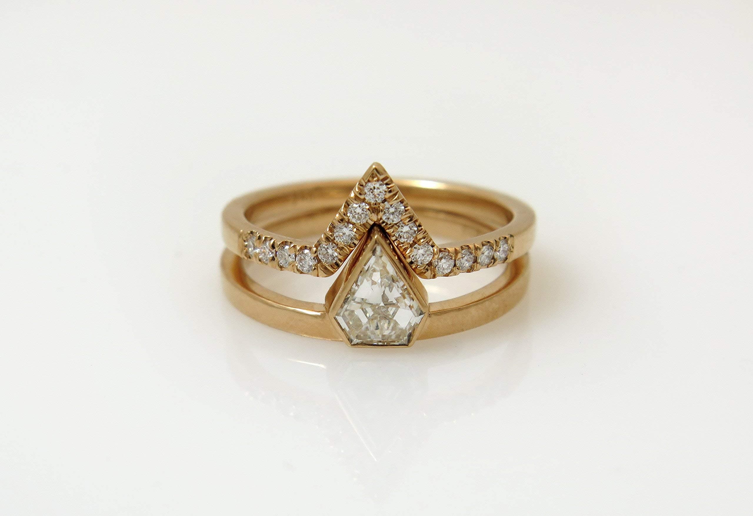 Diamond Engagement Ring Set, Modern Geometric Pave 0.73 Ct Diamond Rings, Handmade of Solid 18k Yellow, White or Rose Gold, Fine Jewelry