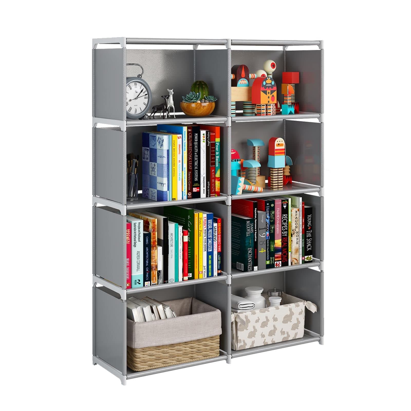 JIUYOTREE 5-Tiers Closet Storage Organizer with Fabric Cloth at Back，Double Row Modular Cubes Bookshelf,Living Room,Study Room,Bedroom,Grey