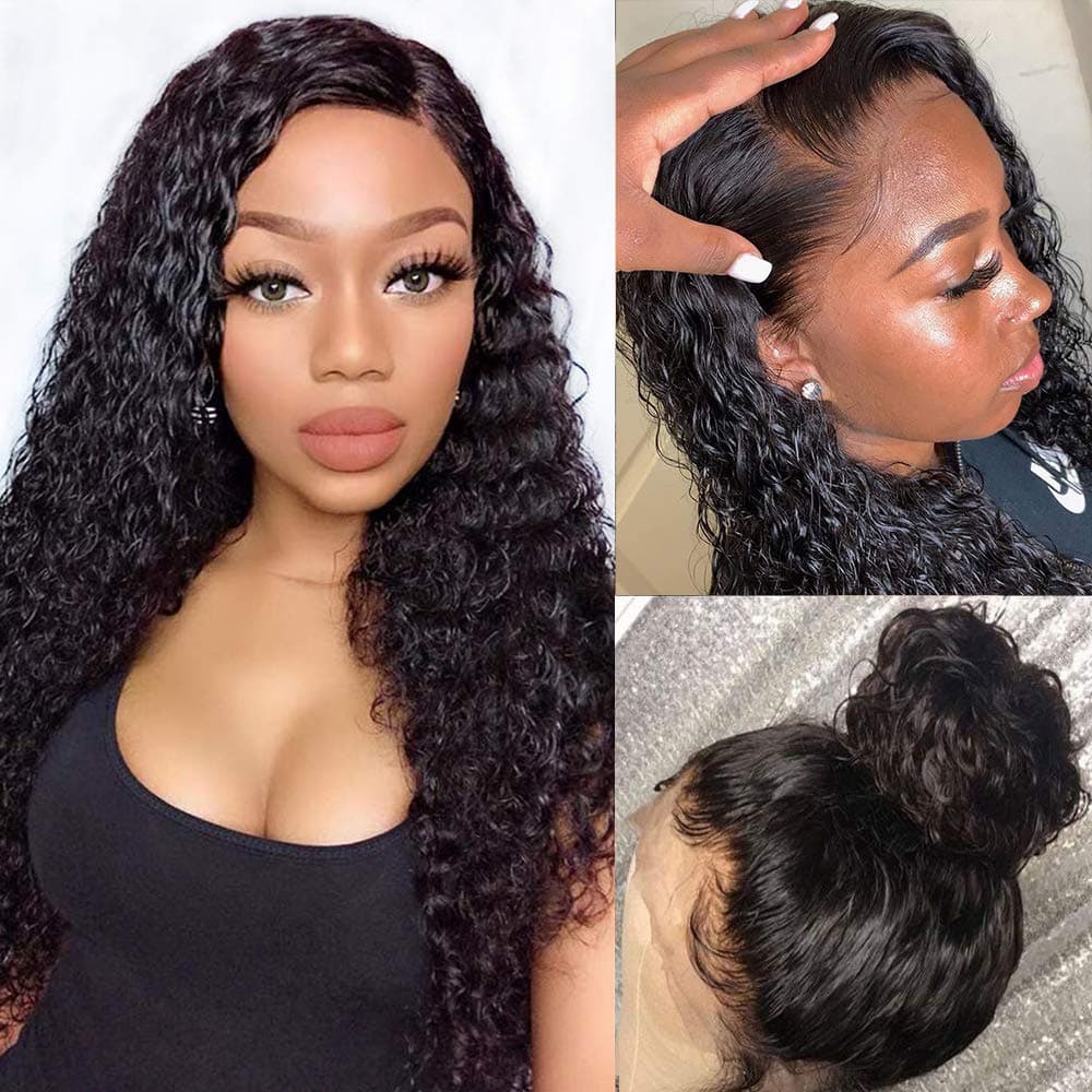 Glueless Lace Front Wigs Human Hair Pre Plucked Brazilian Water Wave Lace Frontal Wig with Baby Hair 9A Unprocessed Virgin Natural Hair Wigs for Black Women Wet and Wavy Remy Wigs(16 inch, Curly Wigs)