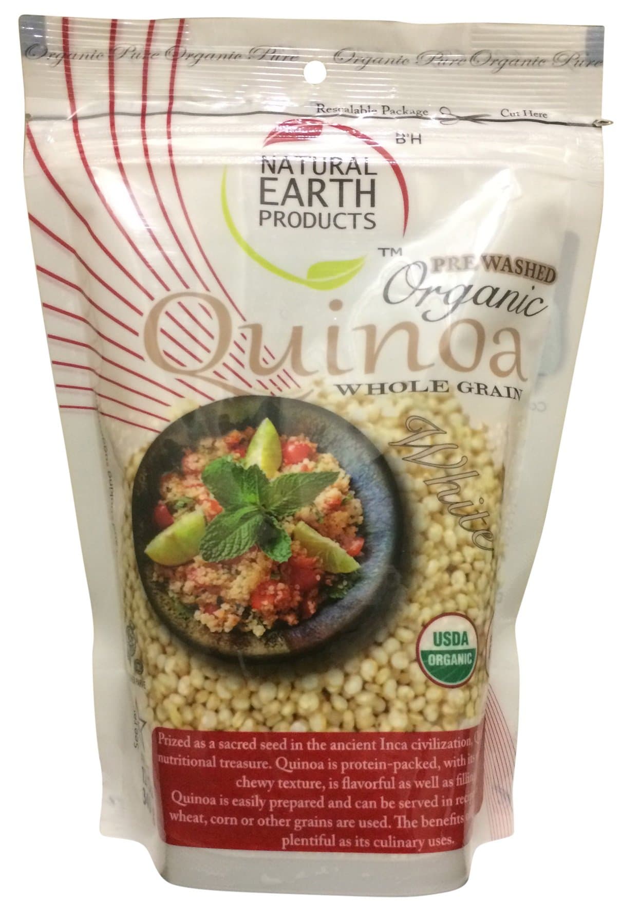 Natural Earth Organic Whole Grain Quinoa, White - Pre Washed and No Gluten, 12 Ounce Resealable Bag