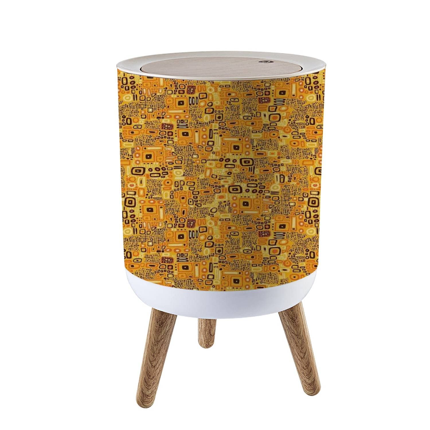 Small Trash Can with Lid Klimt with Wood Legs Wastebasket Simple Human Round Garbage Bin for Kitchen, Bathroom, 1.8 Gallon - 7L