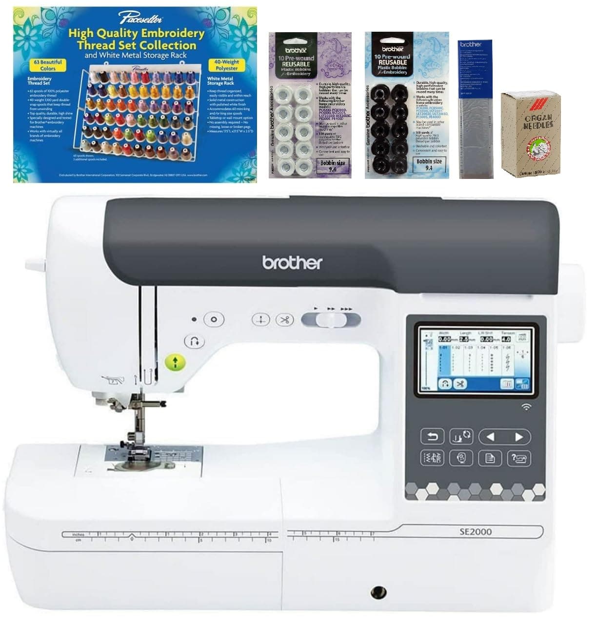 Brother SE2000 Computerized Sewing and Embroidery Machine (SE2000 + 63pc Bundle) 63-Piece Thread Set, 20 Bobbins, 100-Piece 75/11 Embroidery Needles, Stabilizer Roll
