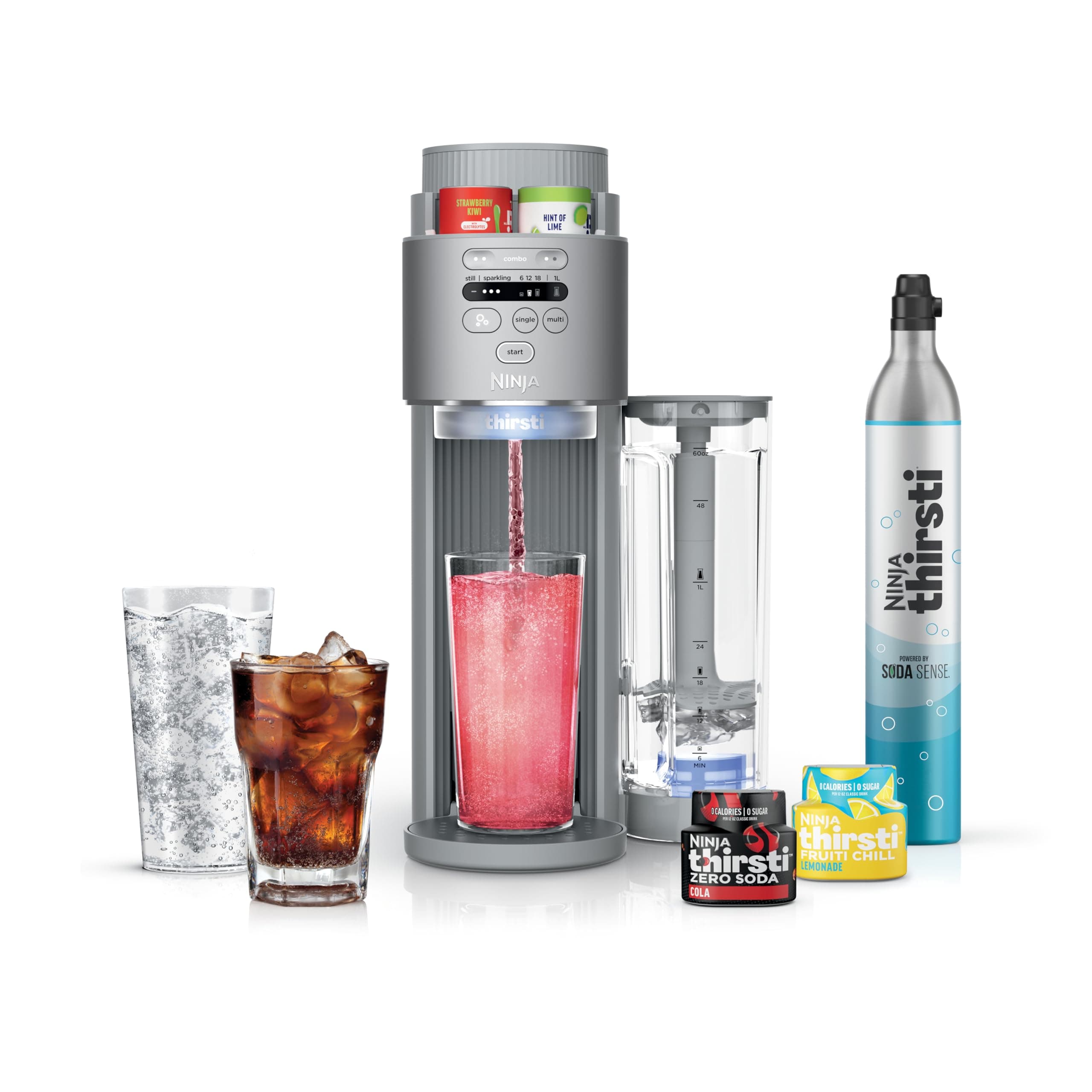 Ninja Thirsti Max Custom Hydration System, Soda Maker, Sparkling Water Maker, Custom Still & Sparkling Drinks, Compact Design, 60L CO2 Cylinder & Flavor Water Drops, Silver WC2002