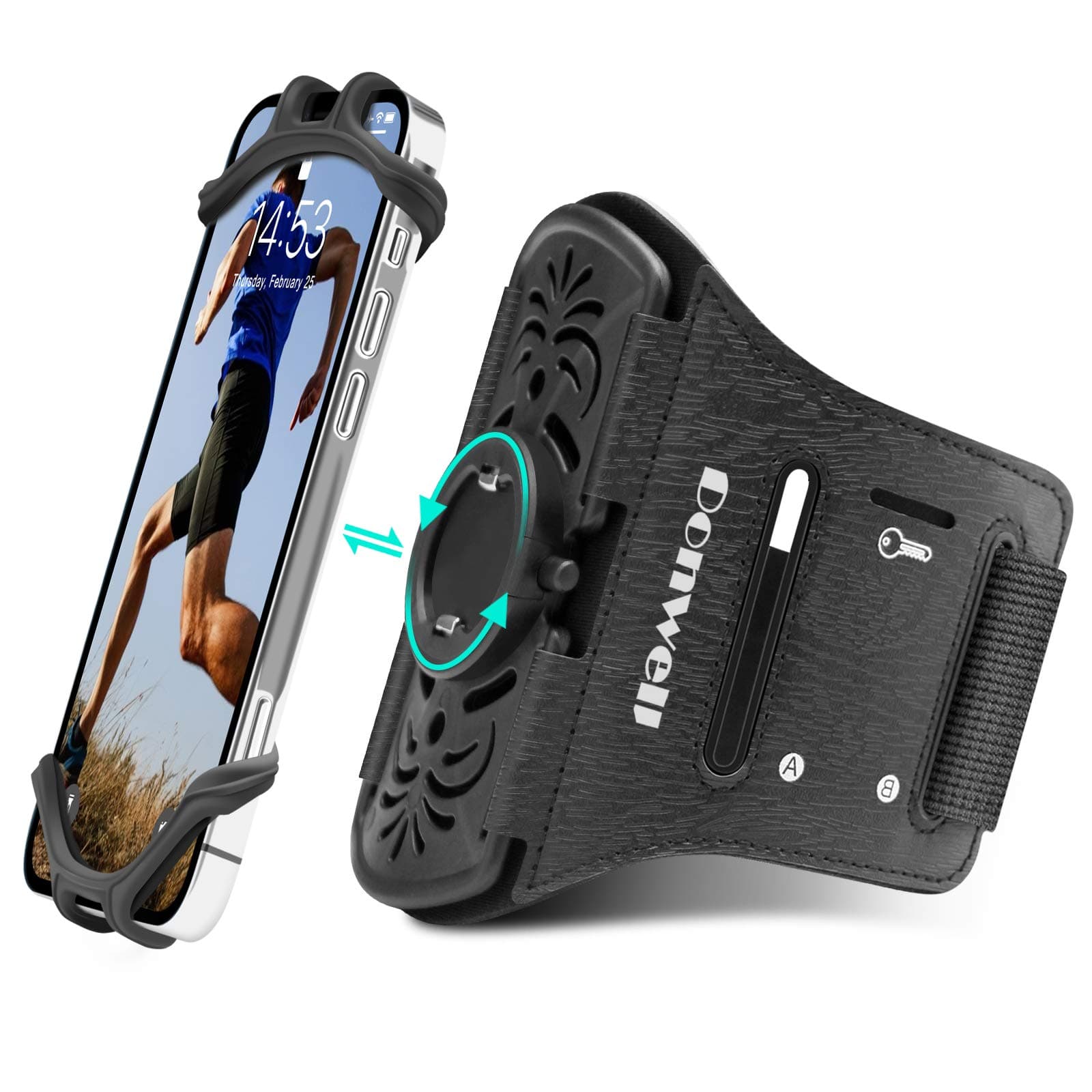 DONWELL Running Armband,Mobile Phone Holder for Running and Detachable & 360° Rotatable, with iPhone 13/12 Samsung S21 up to 6.7", Sports Armband with Headphone/Key Slot, for Gym Jogging Black