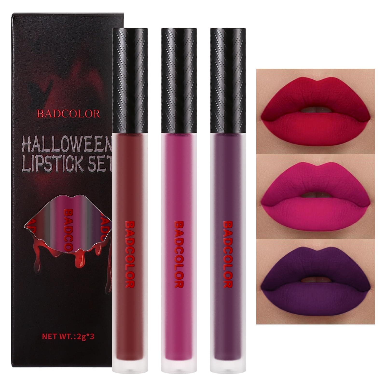 3 Colors Matte Liquid Lipstick Set, Purple Burgundy Rose Red Halloween Makeup, High Impact Long Lasting Lip Stain Velvet Nonstick Cup Smudge Proof & Waterproof Lip Gloss Set