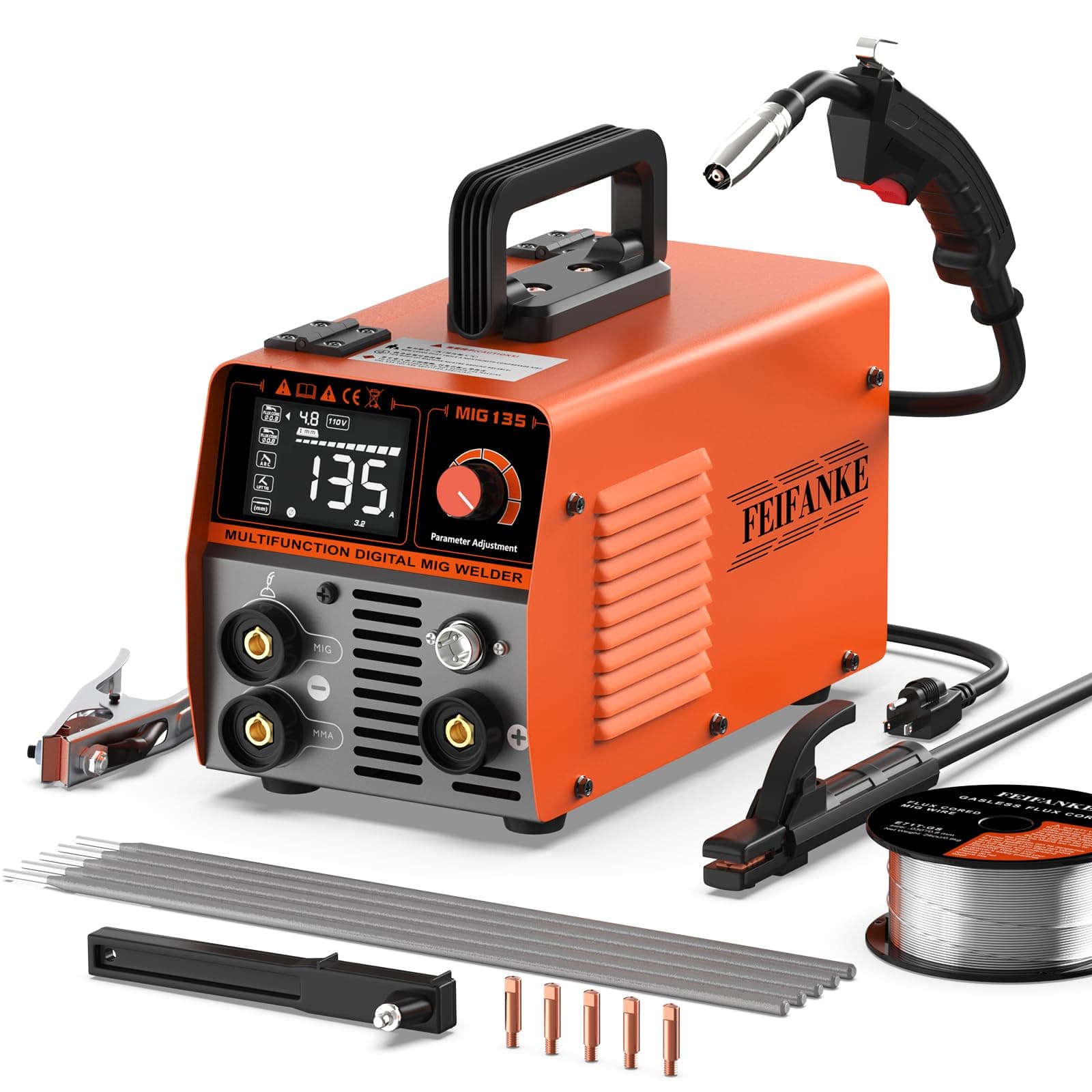 135A Flux Core MIG Welder,110V Gasless Flux Core/Lift TIG/Stick 3 in 1 Portable Welding Machine,IGBT Inverter Wire Feed Welder with LED Display & Synergic Control, Complete Kit Ideal for Beginner