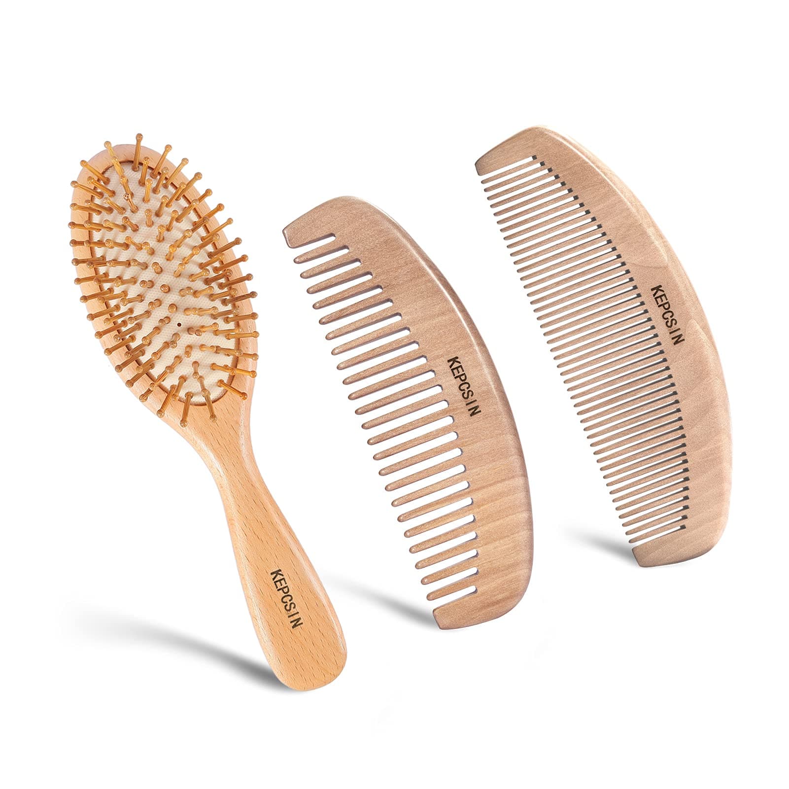 Wooden Hair Brush and Wooden Comb Set, Wooden Brush with Bamboo Bristles Anti-Static Reduces Frizz and Knots, Massaging Scalp, Bamboo brush Paddle Detangling Hairbrush for Women Thick Curly Dry Hair
