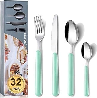 BEWOS 32 Piece Cutlery Set, Service for 8, Kitchen Cutlery Sets,Light Green Forks Knives and Spoons Set, Stainless Steel Flatware Serving Set for Home, Party