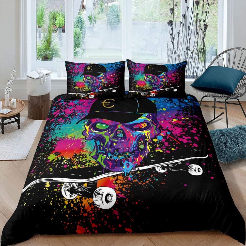 Skateboard Bedding Set Sugar Skull Comforter Cover Colorful Tie Dye Duvet Cover For Kids Teen Boys Girls Skeleton Hip Hop Bedspreads Cover With 1 Pillow Case Single Size Child Room Decor