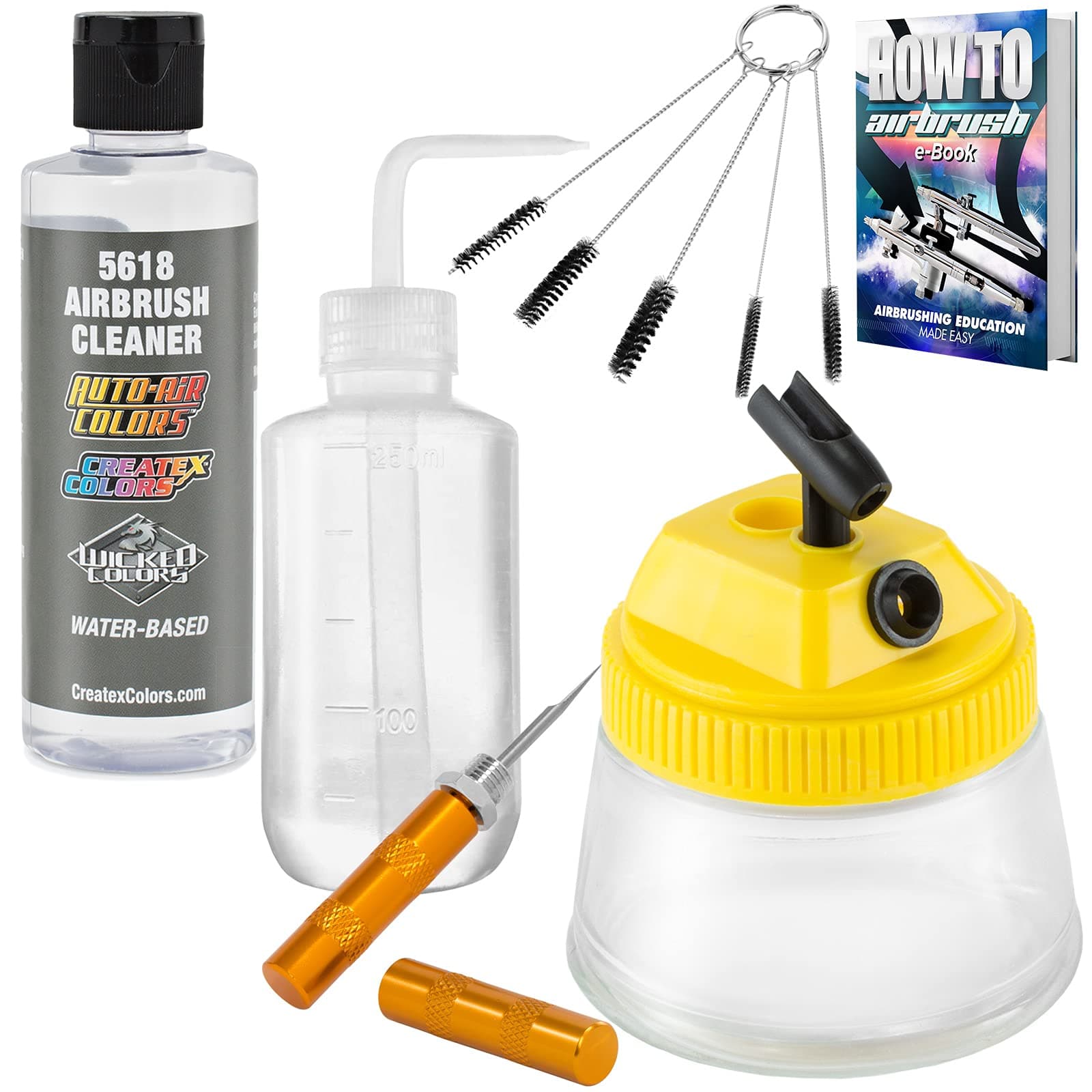 PointZero Airbrush Cleaning Kit with Cleaning Solution, Cleaning Pot Jar, Cleaning Brushes, Nozzle Cleaning Needle, Plastic Bottle and Exclusive Guides