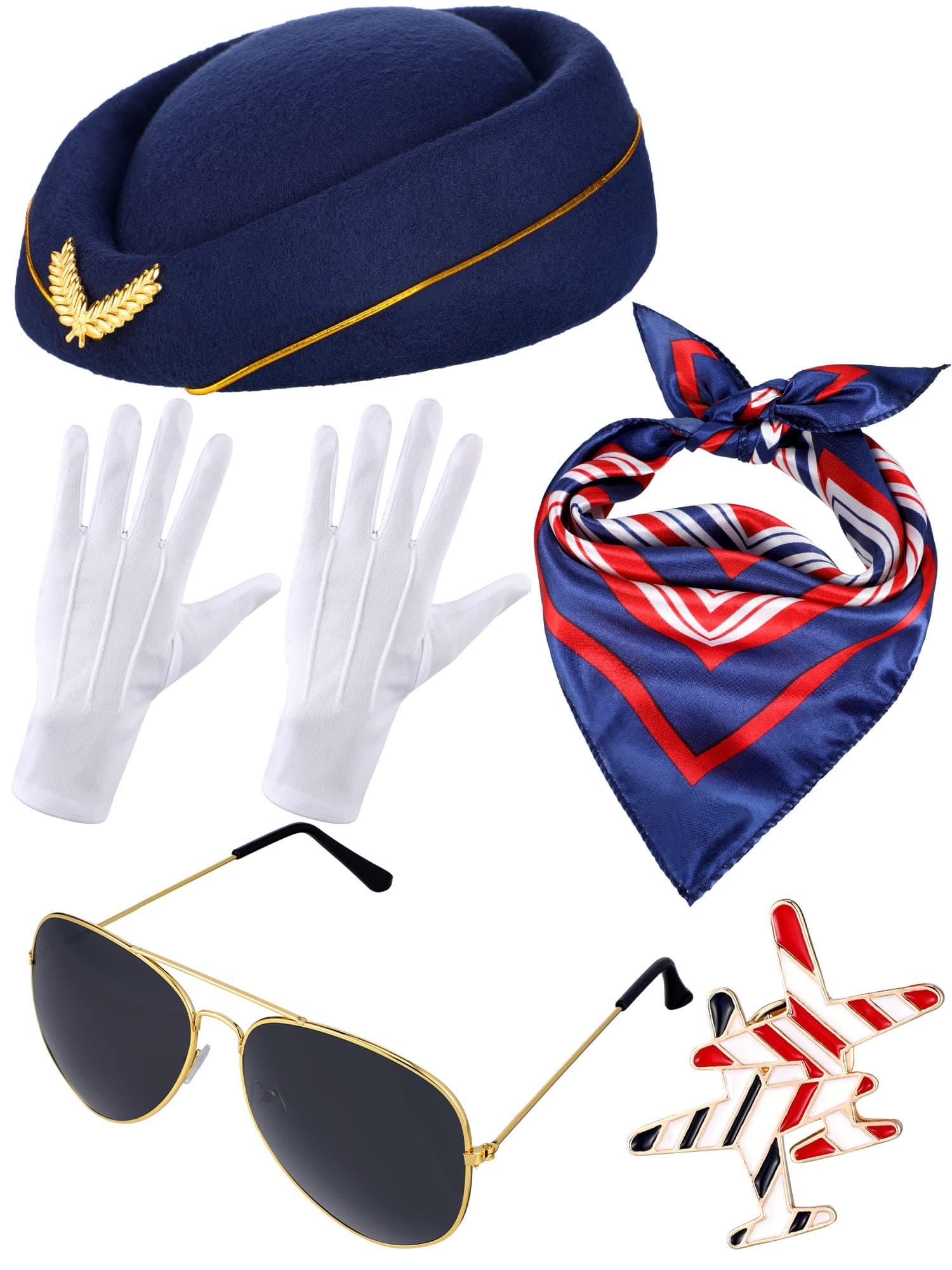 7 Pcs Women Flight Attendant Costume Accessories Stewardess Outfits Bellhop Hat Scarf Sunglasses Gloves