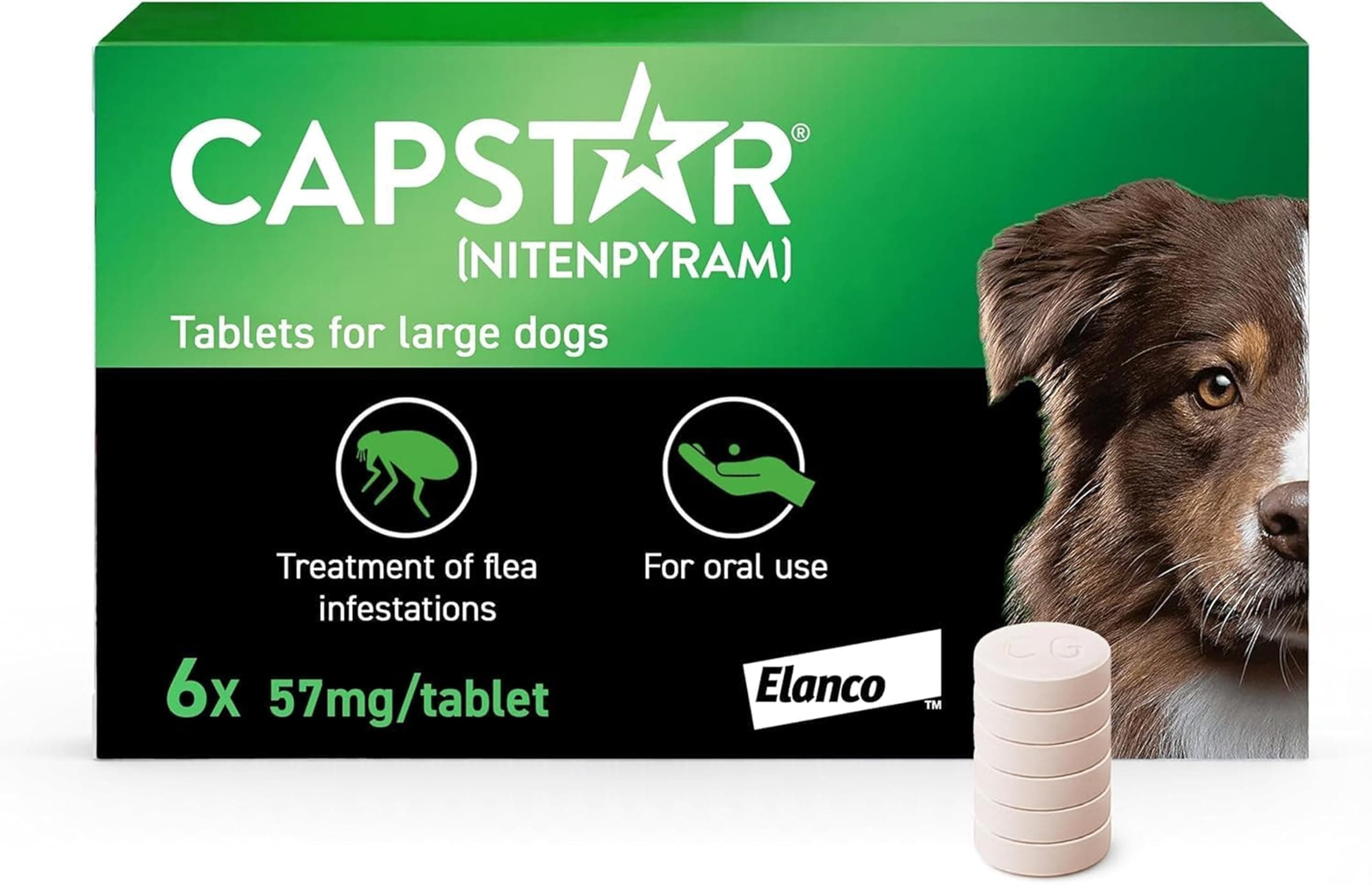 Capstar Flea Tablets, Fast Acting Flea Treatment For Medium To Large Dogs (11.5kg - 57kg), 6 x 57 mg Tablet, Starts Working In 15-30 Mins, Kills Adult Fleas In 6 Hours, Fuss Free Edible Tablets