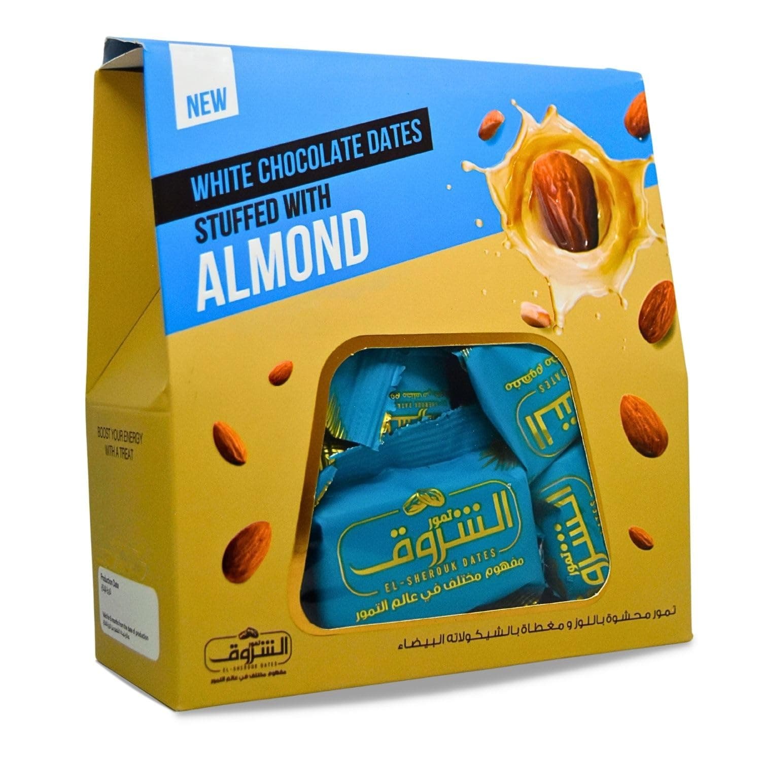 El Sherouk Saudi Dates Without Pits Stuffed With Almonds Covered With White Chocolate Delicious Finest Natural Tamr Free From Genetically Modified Fresh Kosher Halal (1 Pack = 8.82 oz / 250 g)
