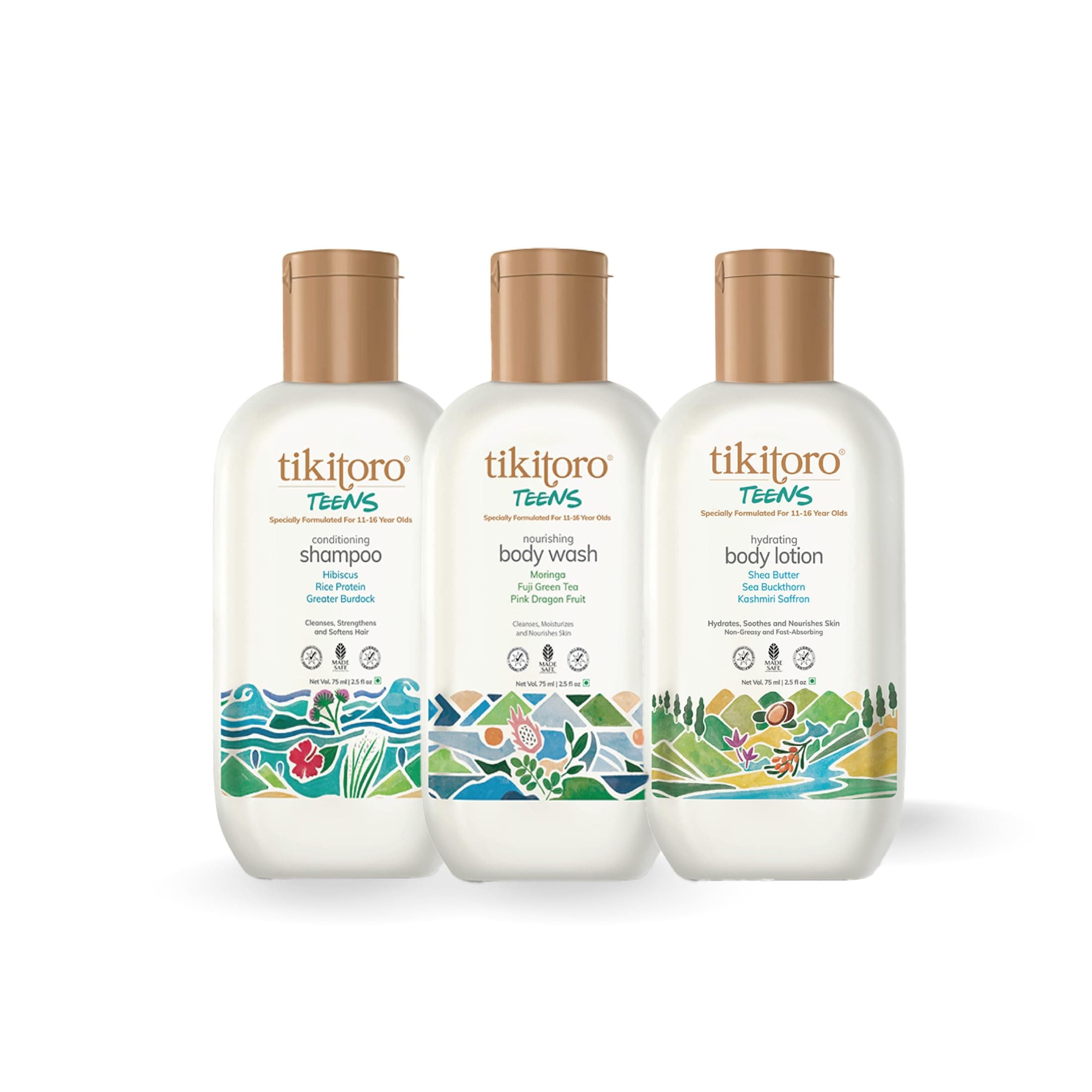 Tikitoro Bath & Body Combo for Teens 100% Vegan with Nourishing Body Wash (75ml), Conditioning Shampoo (75ml), Hydrating Body Lotion (75ml), No Parabens & Sulphates, Gift Combo Pack (Age: 11+)