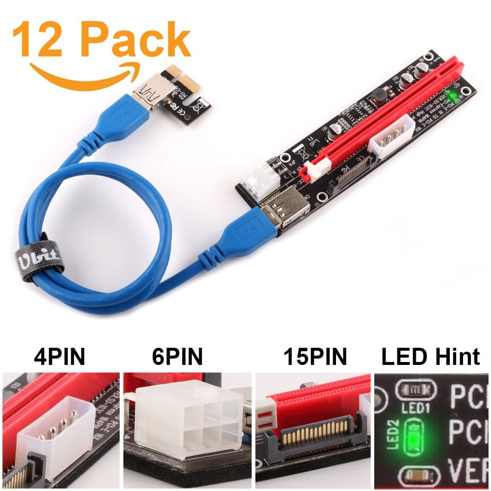 Ubit 12-Pack Multi-Interface (6pin/MOLEX/SATA) PCI-E Riser with Led Notice Function Express Cable 1X to 16X Graphics Extension Ethereum ETH Mining Powered Riser Adapter Card+60cm USB 3.0 Cable