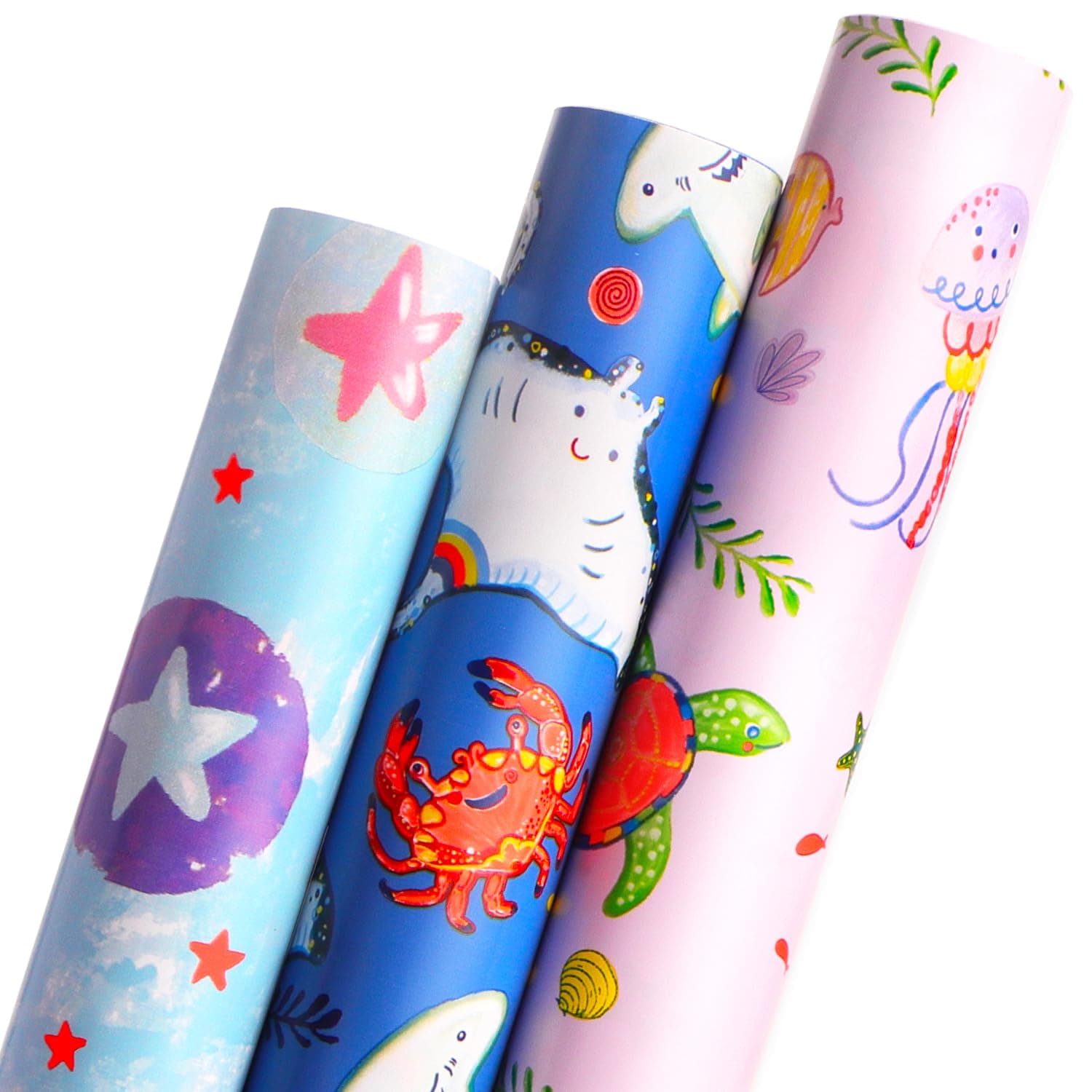 RibbliOcean Birthday Wrapping Paper 3 Rolls Gift Wrapping Paper for Kids Baby Shower with Manta Ray Turtles Jellyfish- Mini Roll 17 inch x 120 inch(10feet) Per Roll