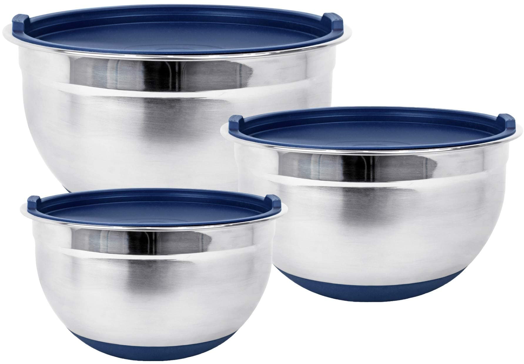 Stainless Steel Mixing Bowls with Lids and Non Slip Bases (Set of 3, Blue)