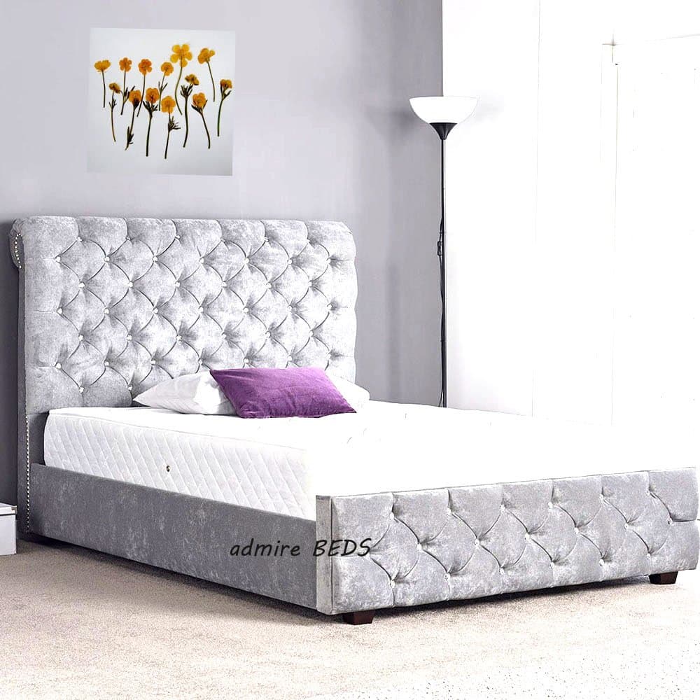 admire BEDS Alina Quality Upholstered Chesterfield Sleigh Bed Frame in Silky Soft Silver Crushed Velvet Fabric 6 Ft (Super King Size) Made in UK