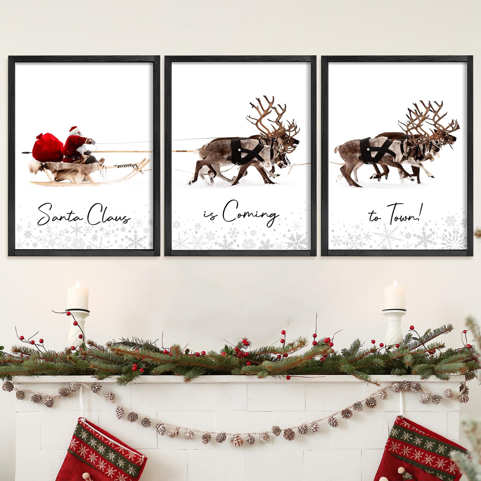LITIVY Christmas Wall Art Prints - Set of 3 Santa Claus with Sleigh Deer for Home Decor - Xmas Sign - 12x16in - Black