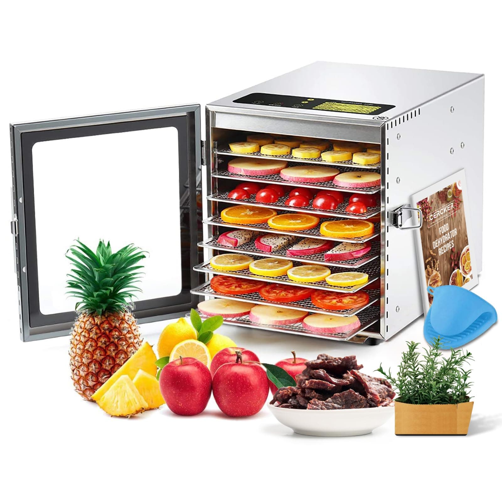Food-Dehydrator Machine 8 Stainless Steel Trays, 500W Dehydrator for Herbs, Jerky Dehydrator for Meat, 190ºF Mushroom Dehydrator, 24H Timer Fruits Dehydrator, Veggies, Yogurt & Dog Treats