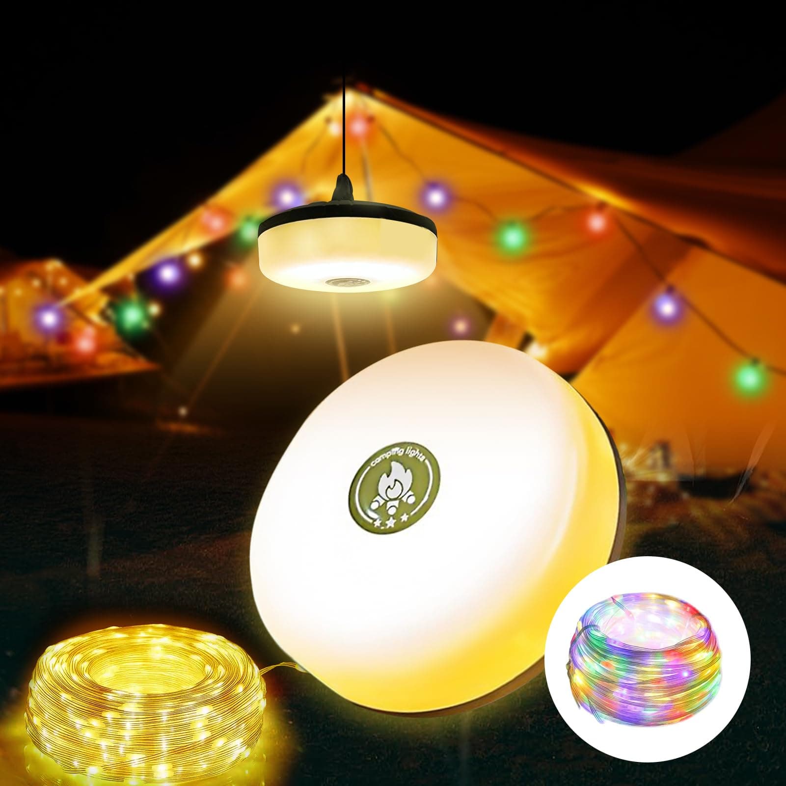 Camping String Lights Outdoor, 32.8ft Multi-Functional RGBW LED Camp Lights with 8 Modes Waterproof IP44 Rechargeable Portable Hanging Lamps for Hiking Tenting Patio Party Decorations