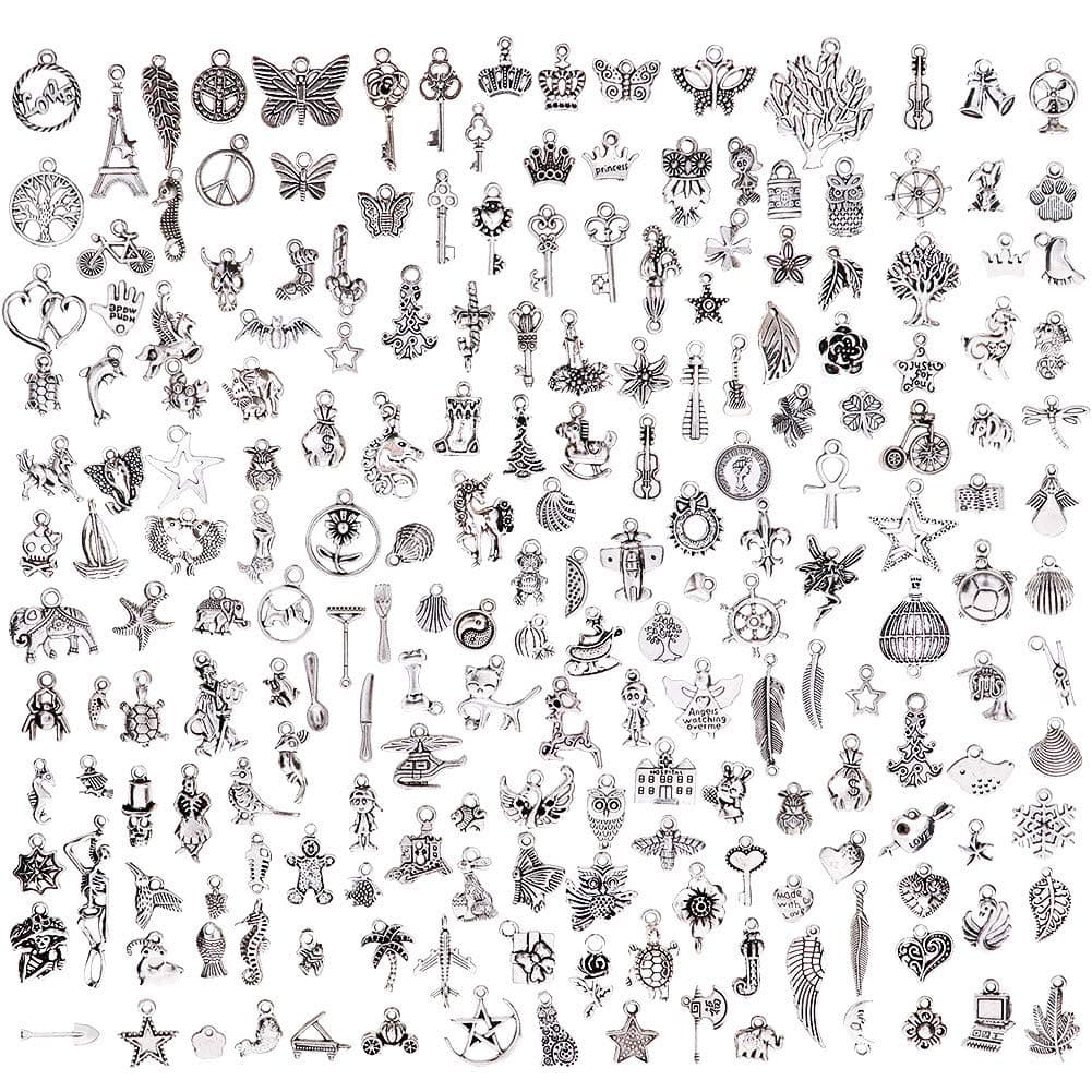 Niome 200 Pieces Charms for Jewelry Making Wholesale Bulk, Mixed Tibetan Silver Charms Pendants for DIY Necklace Bracelet Jewelry Making Crafting
