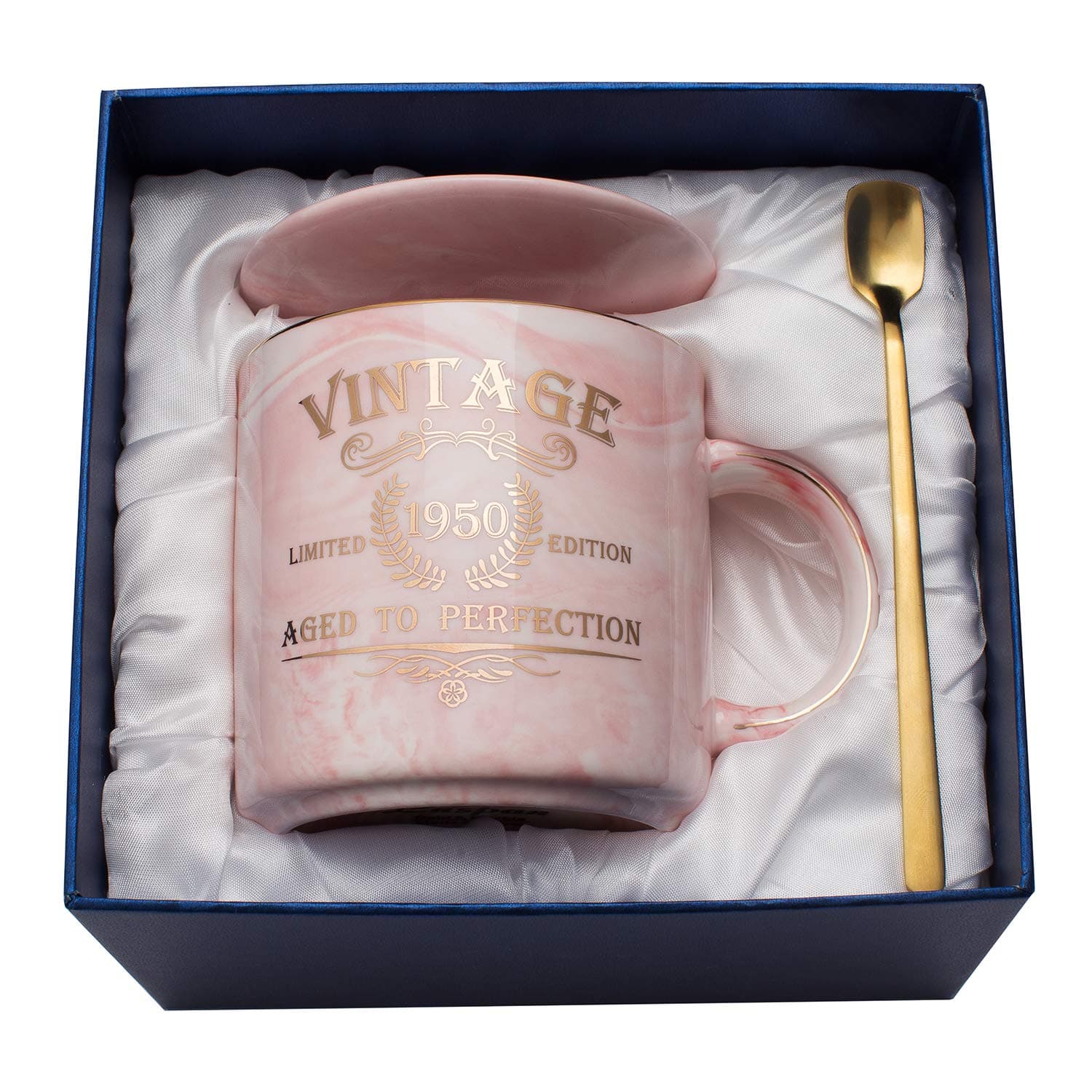 1950 70th Birthday Gifts for Women and Men Ceramic Mug - Funny Vintage 1950 Aged to Perfection Idea for Him, Her, Mom, Dad Husband or Wife - Ceramic Marble Cups 11.5 oz (Pink)