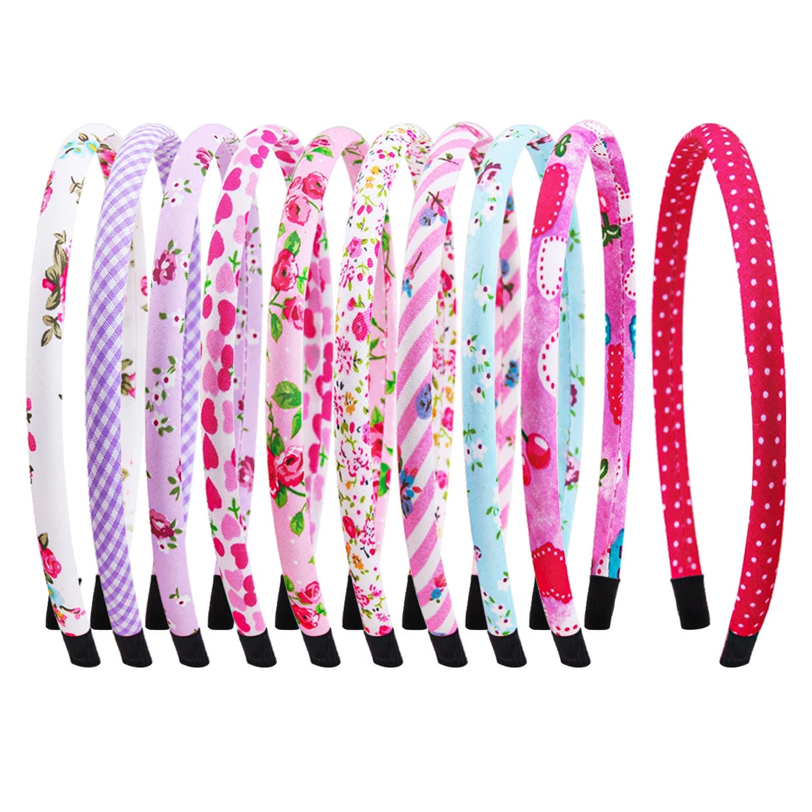 Candygirl Toddler Girls Headbands Thin Plastic Head Bands for Girls Kids Cute Heart Floral Cloth Fabric Covered Hairbands Daily School Hair Accessories (Assorted 10pcs per Pack)