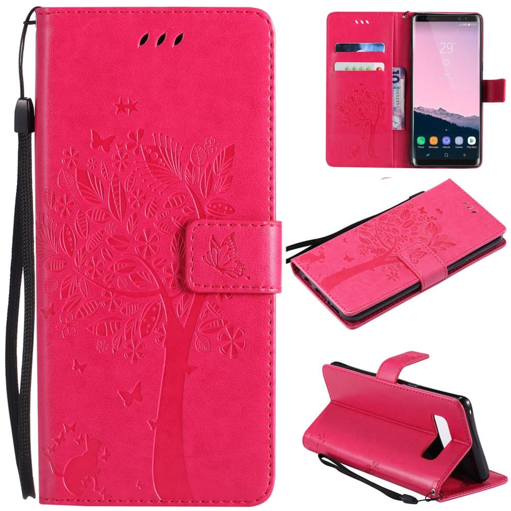 Ooboom® iPhone XS Max Case Cat Tree Pattern PU Leather Flip Cover Wallet Stand with Card/Cash Slots Packet Wrist Strap Magnetic Clasp for iPhone XS Max - Hot Pink