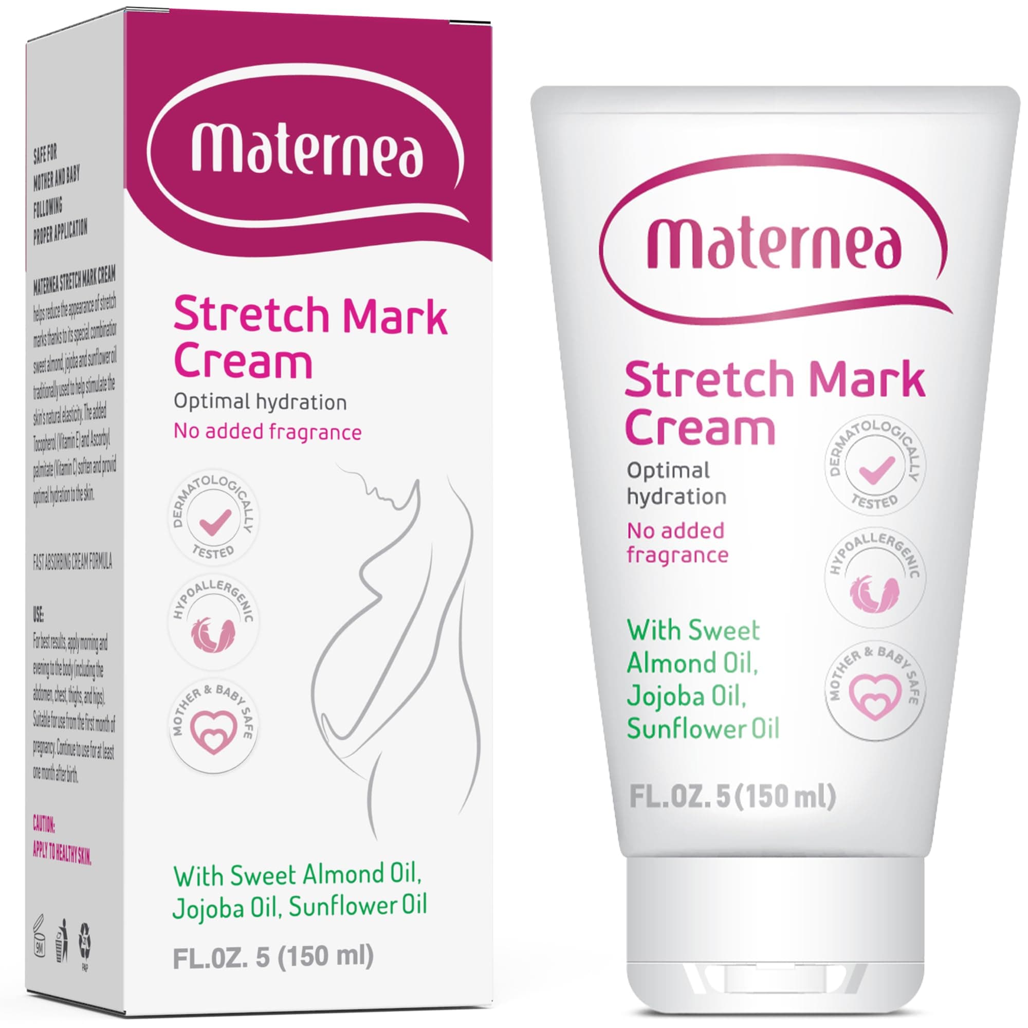 – Stretch Mark Cream - Hydrating Cream Pregnancy Care with Almond, Sunflower, & Jojoba Oils - Skin-Safe & Perfume-Free - Pregnancy Stretch Mark Cream by Maternea (150ml)