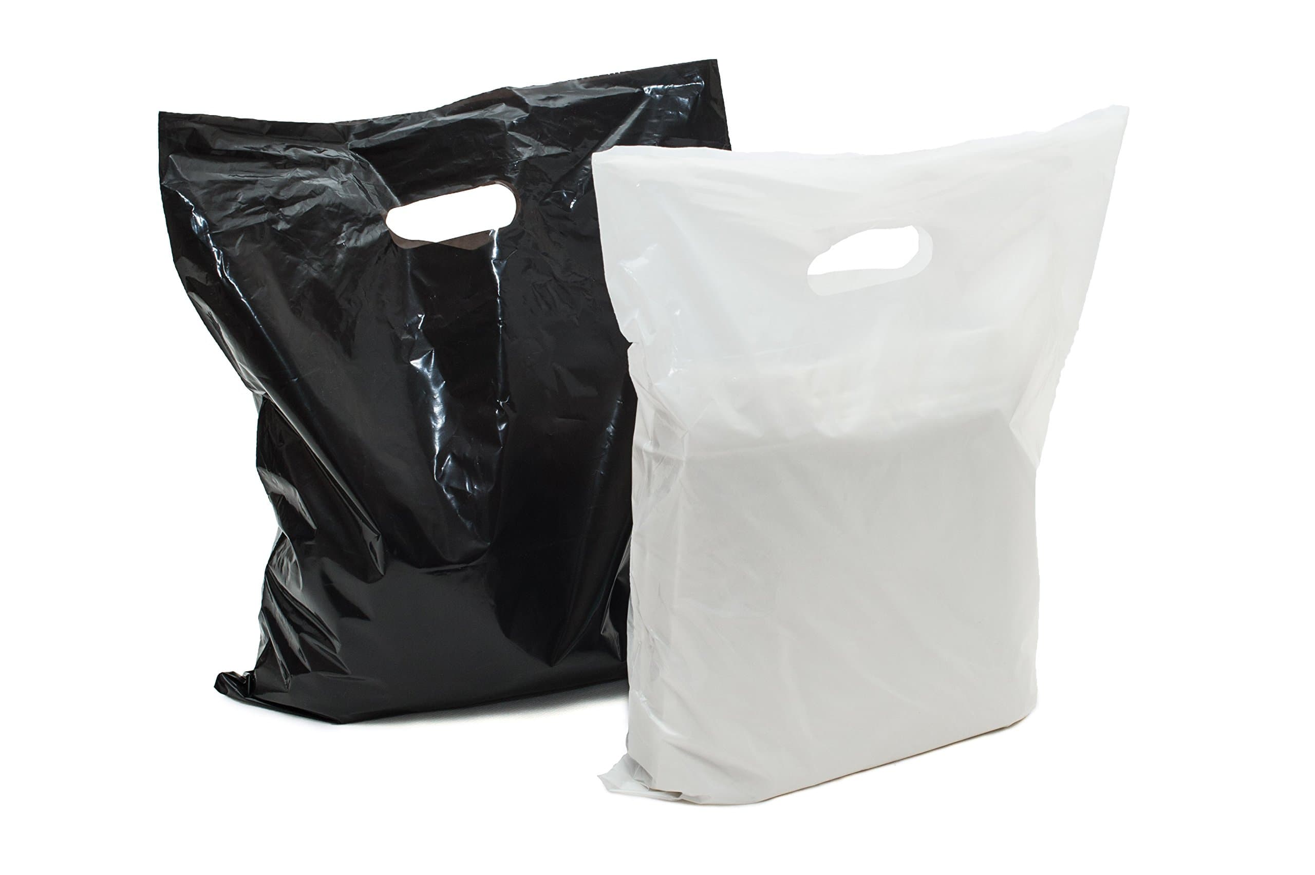 Merchandise Bags: ACME Bag Bros 100 Large Black and White Plastic Retail Bags, Plastic Bags w Handles 12x15"; Plastic Shopping Bags; high Density, for Party, Gifts, Small Retail Shops & Trade Shows