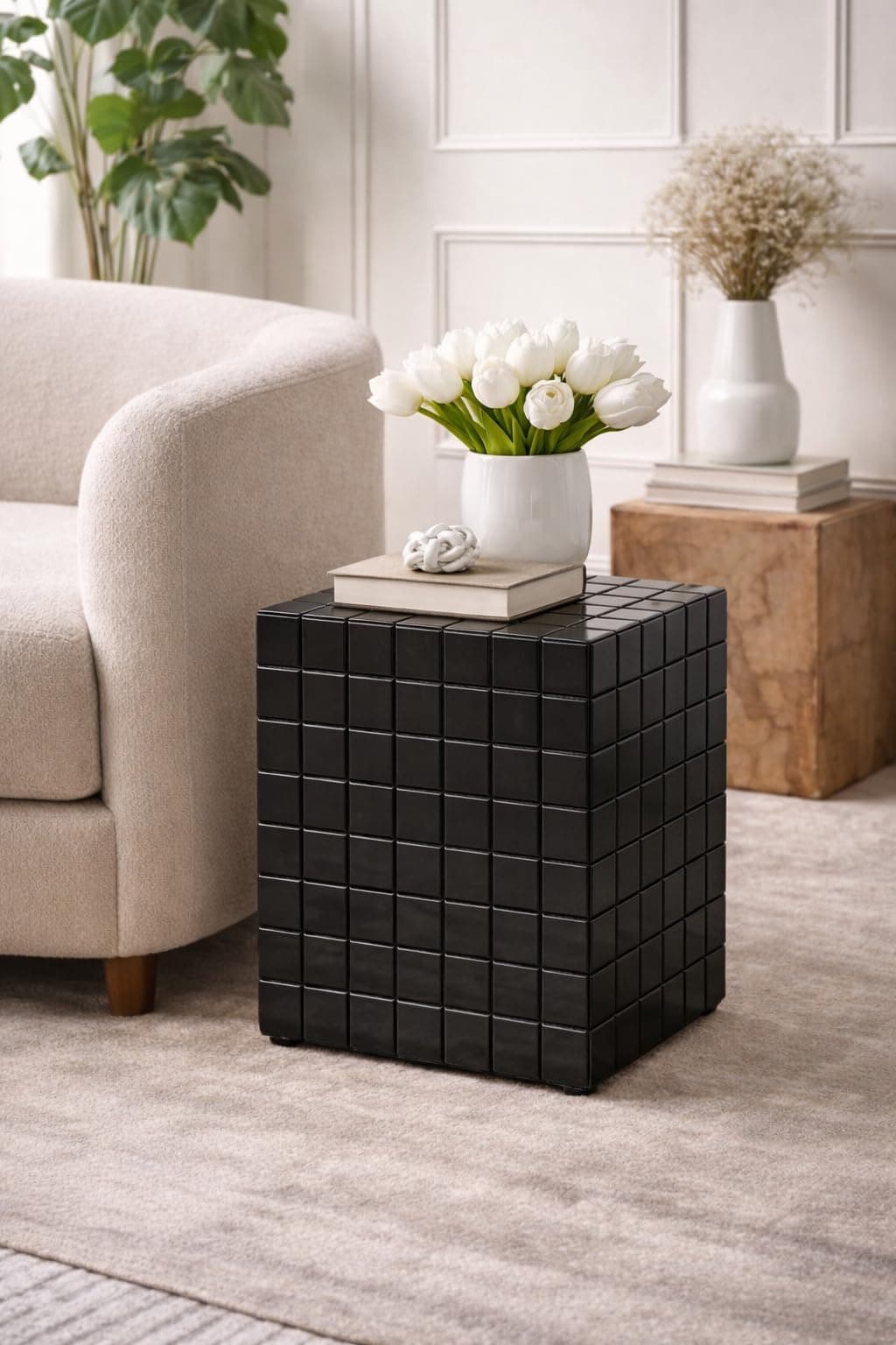 Tiled Cube Accent Bedside Table Coffee Stand Home Storage Organizer For Living Room Bedroom (, Black, Engineered Wood)