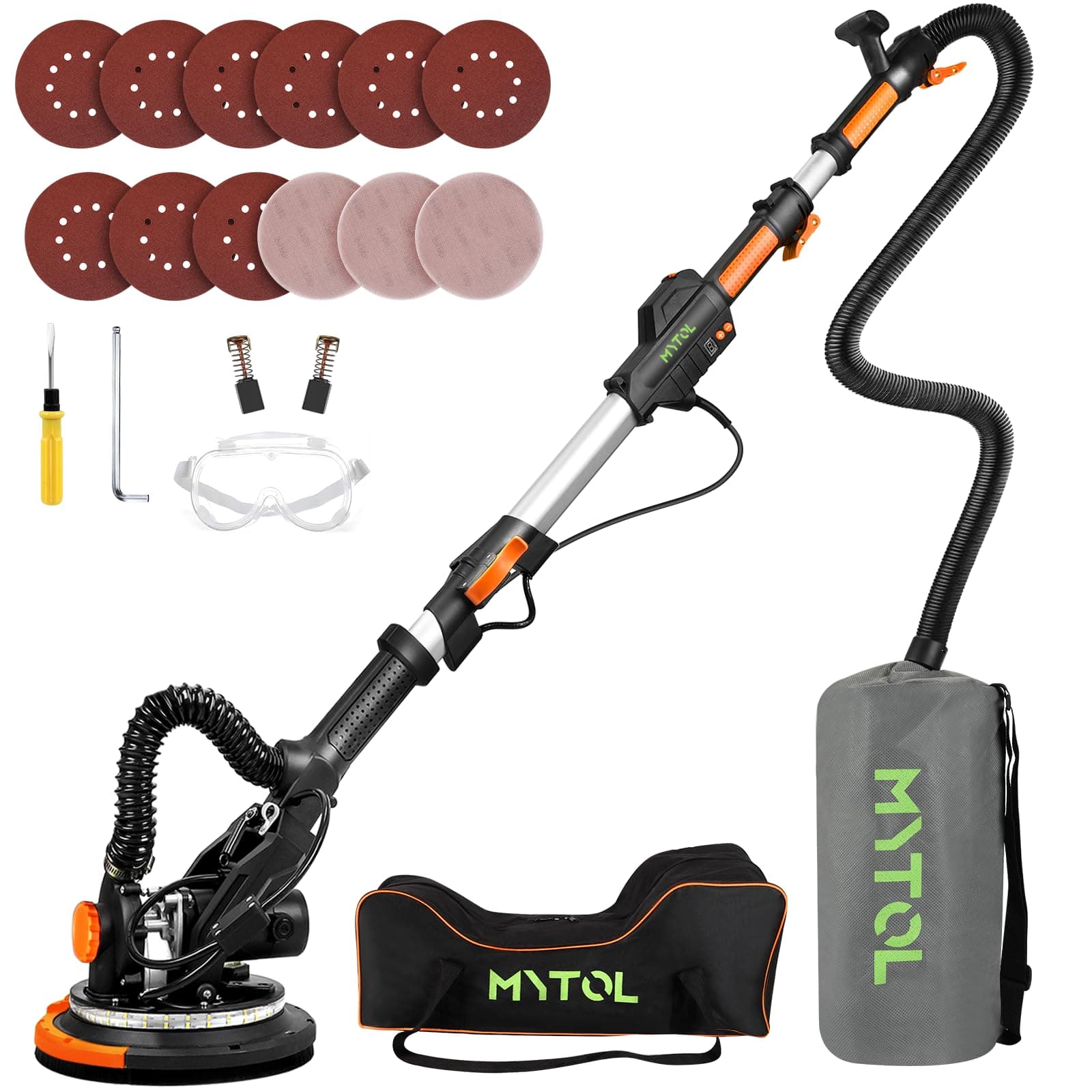 MYTOL Electric Drywall Sander with Vacuum Dust Collection, Variable Speed, LED Light, Foldable Handle, Sanding Discs & Grids