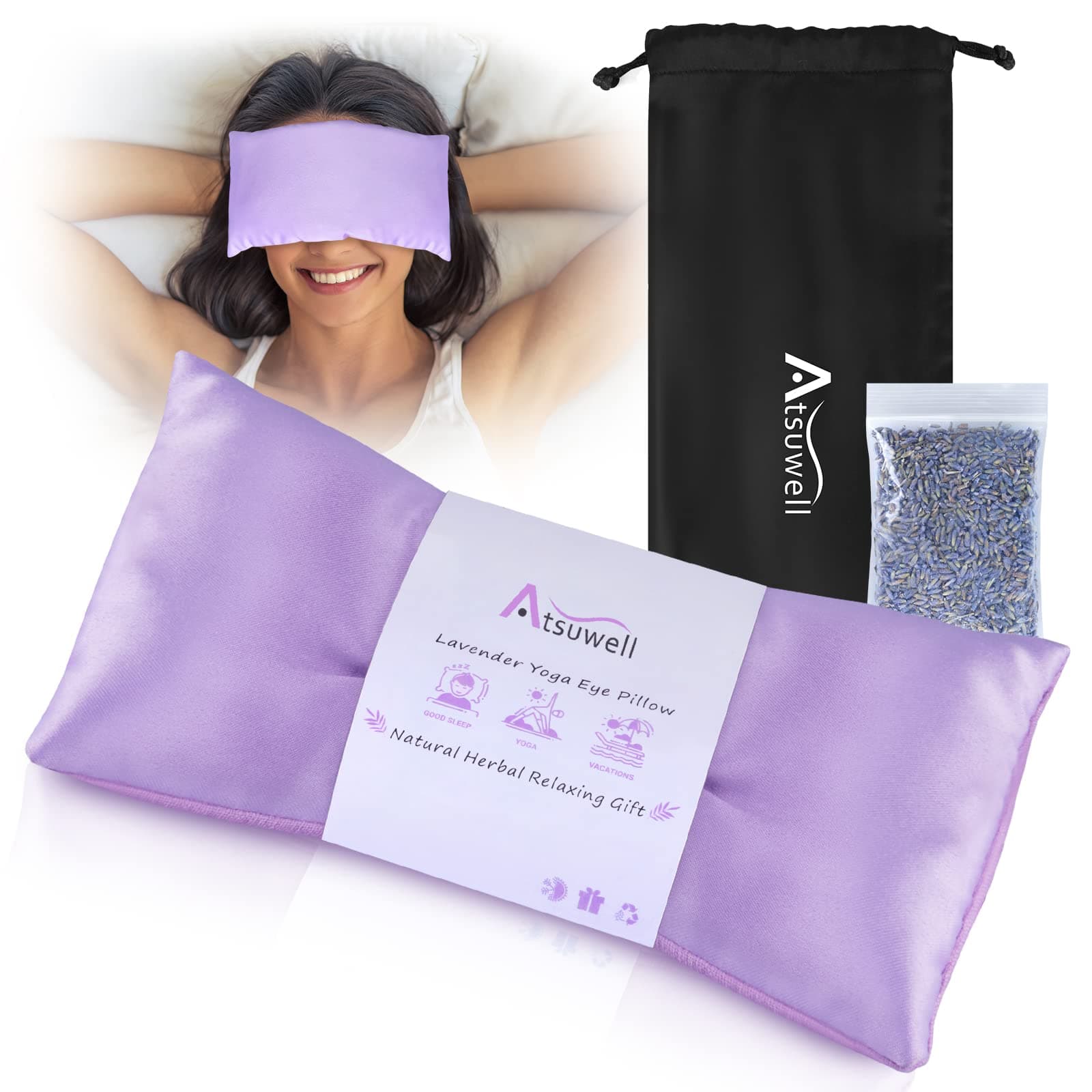 Atsuwell Weighted Eye Pillow with Individual Lavender Pack and Portable Bag, Moist Heat Eye Compress for Relaxtion Sleeping, Meditation, Yoga, Spa, Migraine Relief, Purple