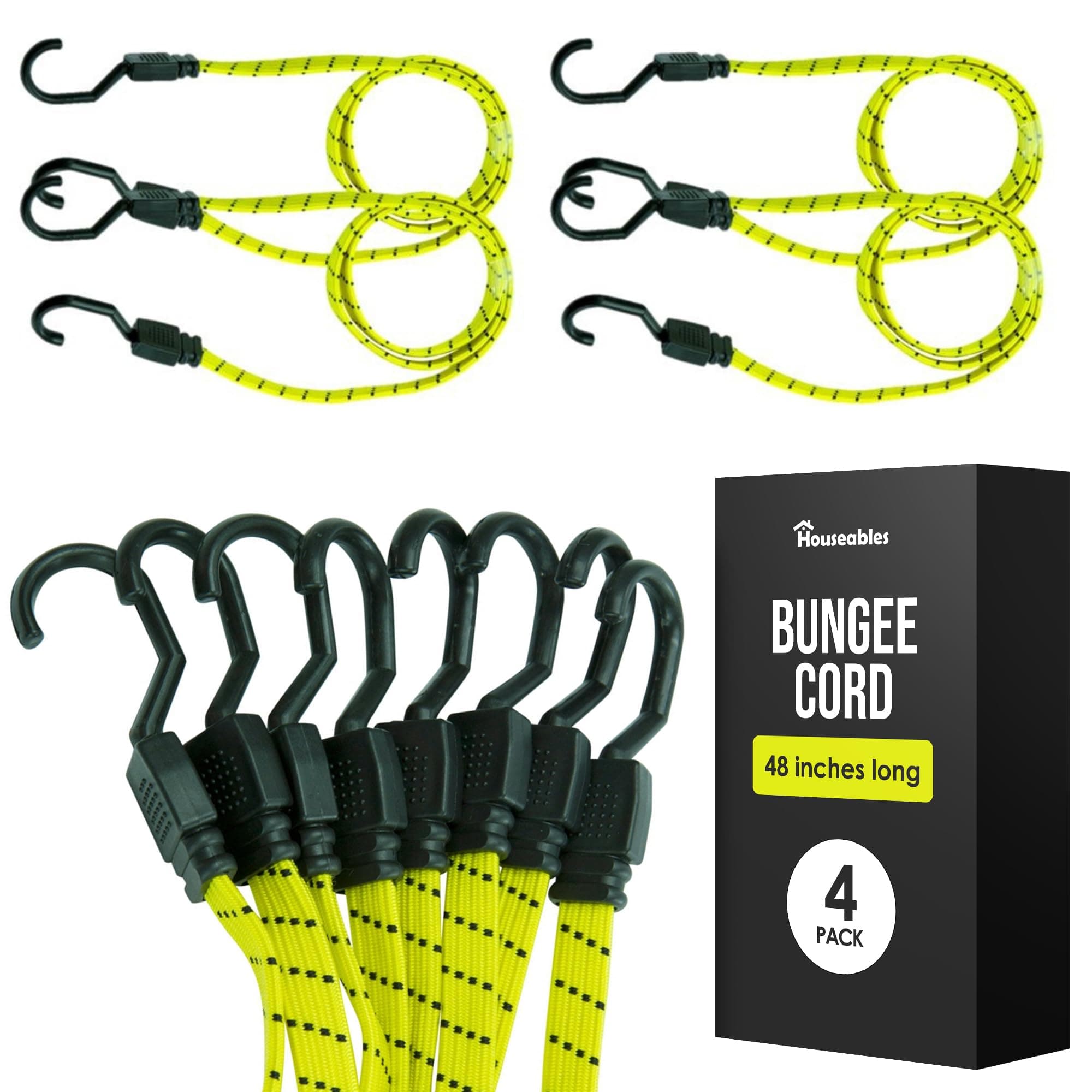 Houseables Long Bungee Cords with Hooks, Bungee Cords with Hooks, Elastic Straps, Elastic Tie Down Straps, Rope for Moving, Dolly, Truck, Bungie Chords, Heavy Duty Outdoor, Rubber, Flat, 48 Inch, 4 PK