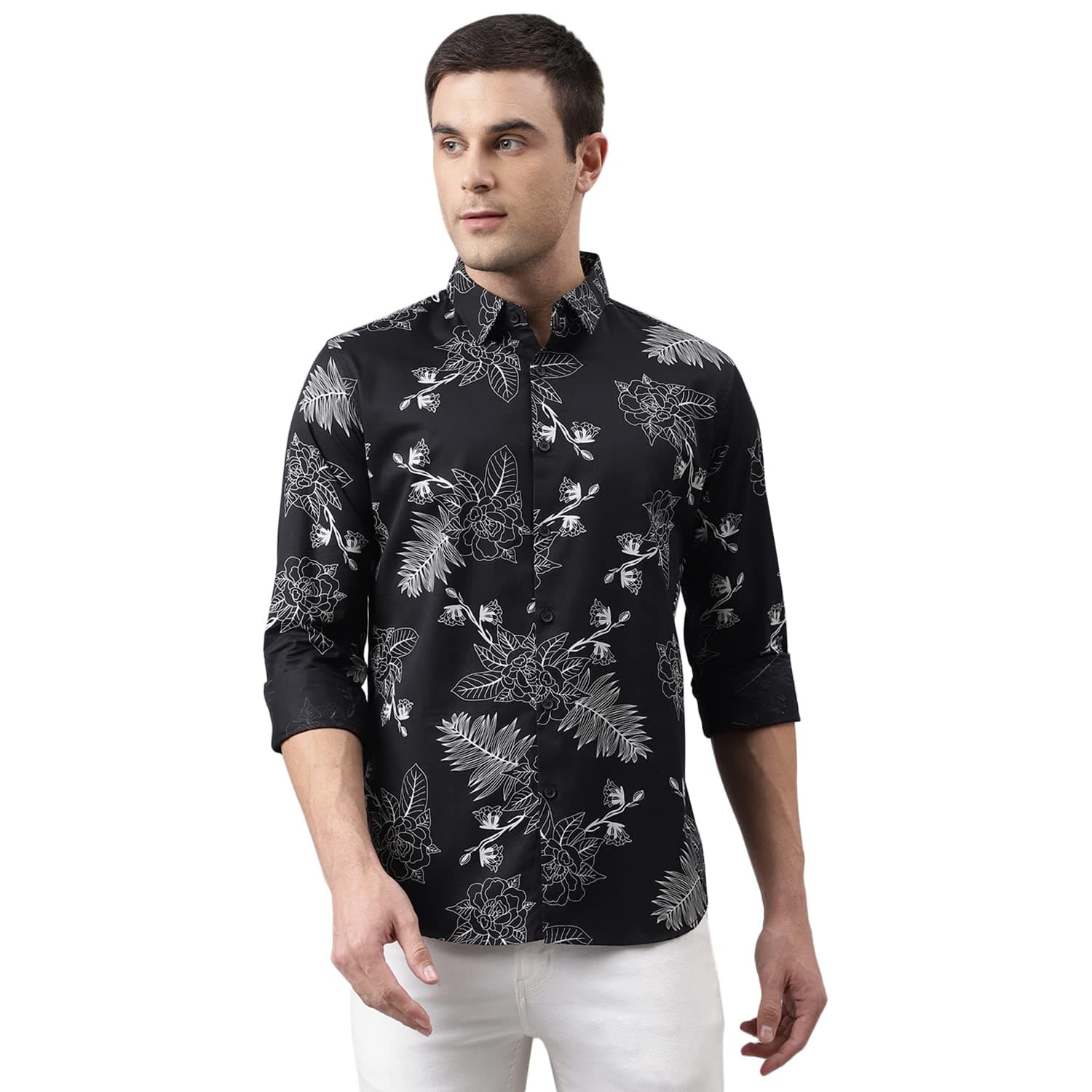 Dennis Lingo Men's Printed White Slim Fit Cotton Casual Shirt (C9002)
