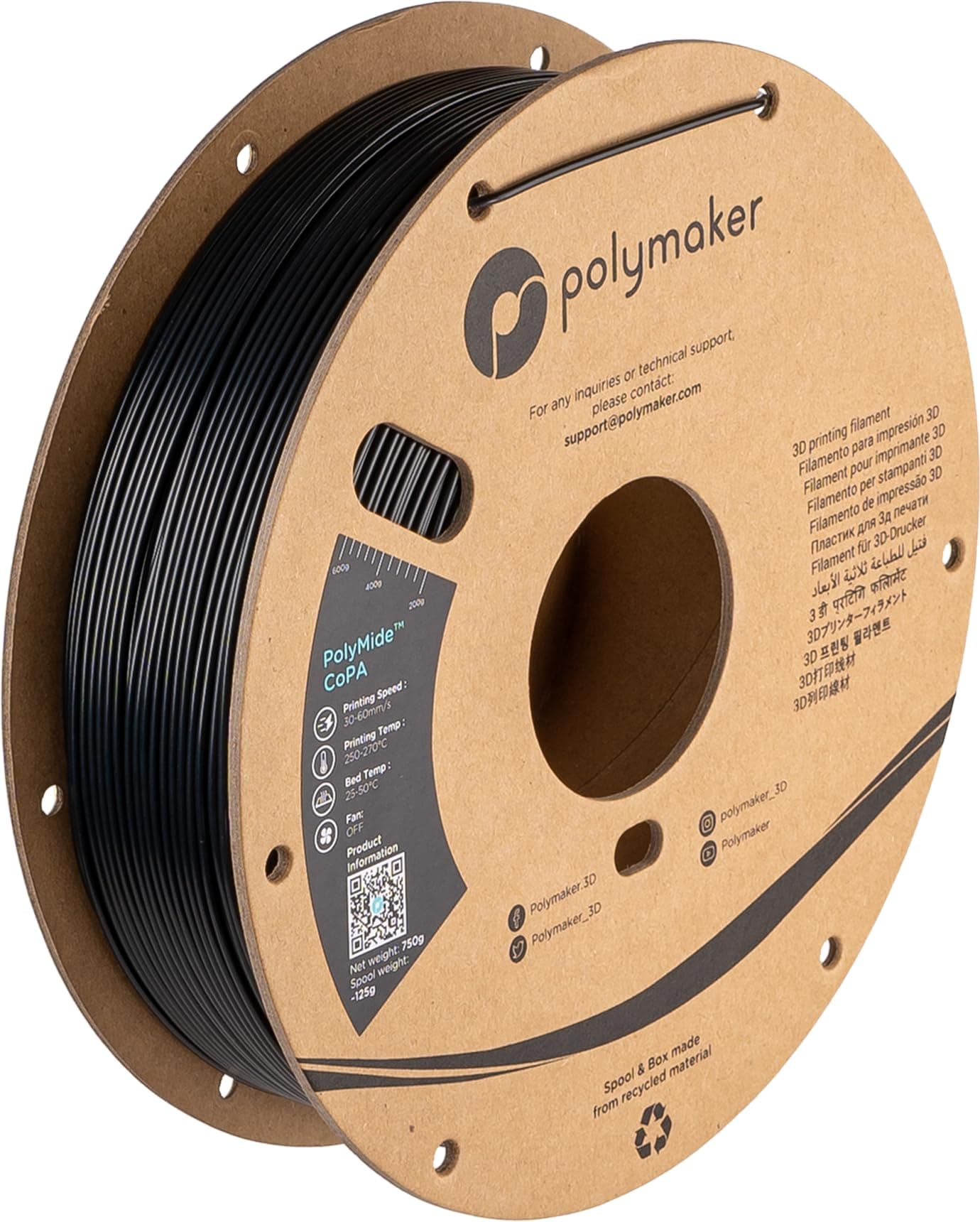 Polymaker Nylon Filament 1.75mm 0.75kg Black CoPA, PolyMide CoPA Warp Free Nylon 3D Printer Filament, Strong & Tough & Heat Resistant