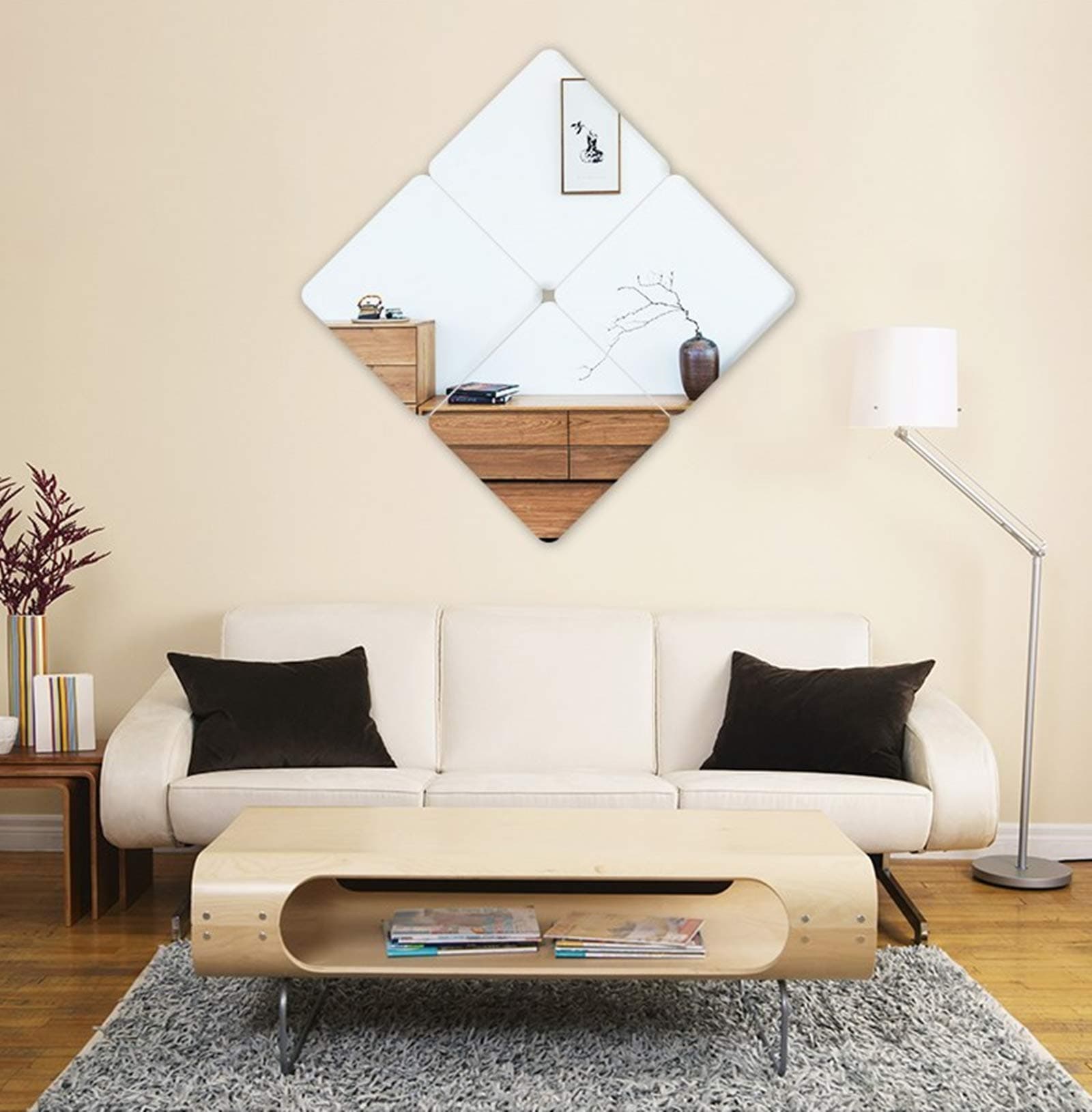 HKTOPONE 4PCS Square Mirror Wall Stickers For Bathrooms Bedrooms 30cm X 30 cm PMMA Material 3D Decal Mosaic Home Room Decoration DIY (Silver-Fillet Angle,30 x 30 cm)