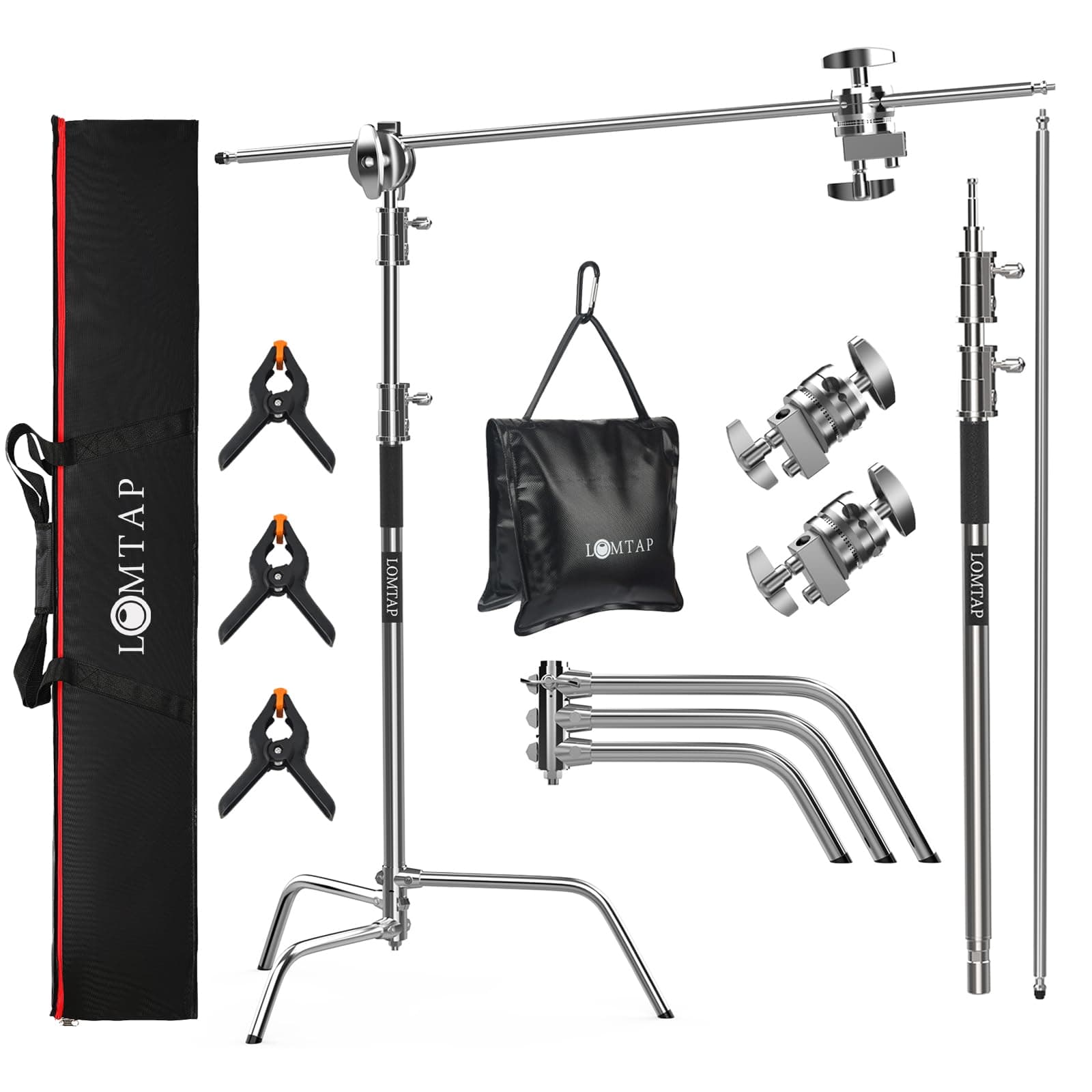 C Stand Light Stand Stainless Metal Photography Kit - Heavy Duty 10.8ft/330cm Vertical Pole, 4.2ft/128cm Boom Arm, Adjustable Base, Water Sandbag, 2 Grip Heads, 3 Clips for Softbox, Reflector