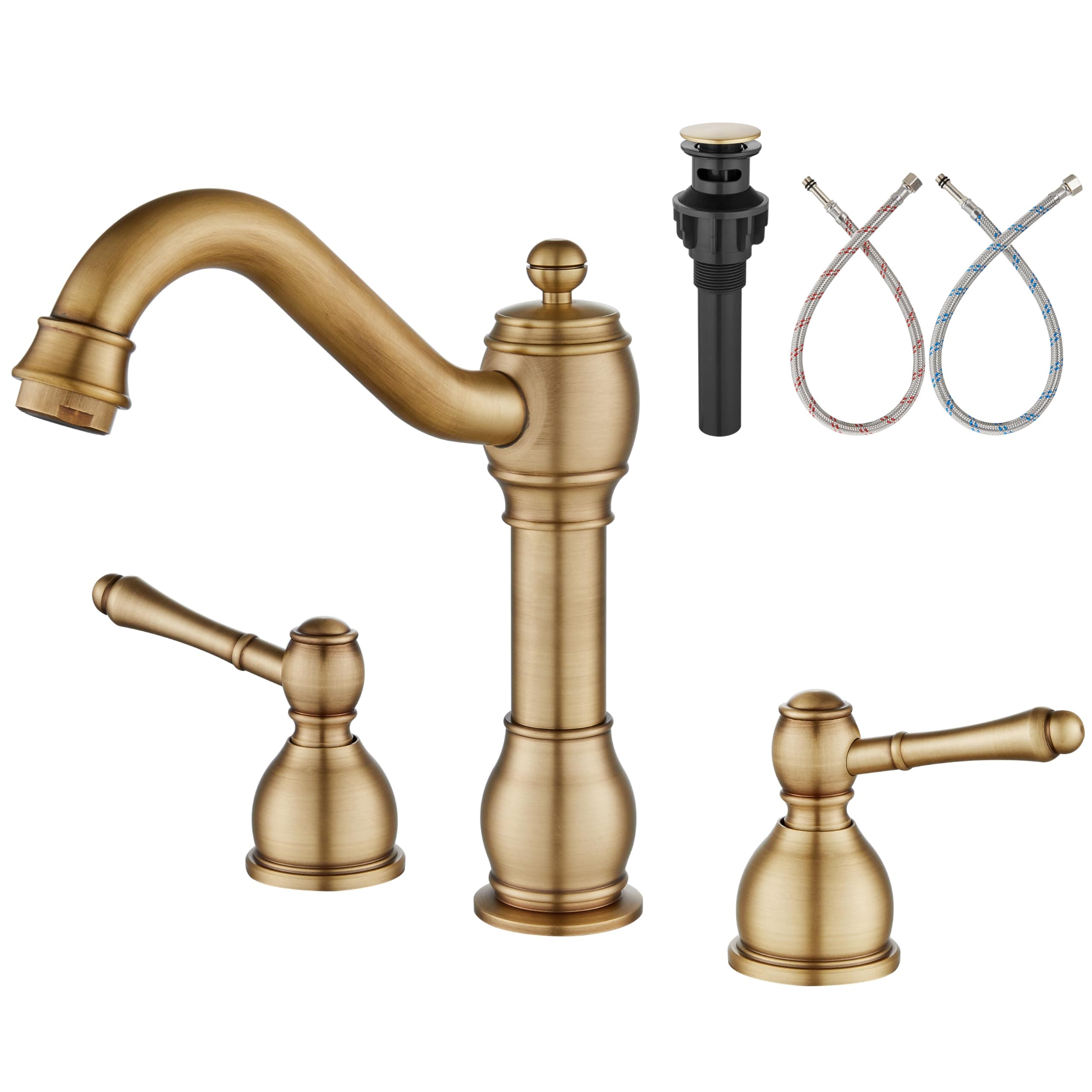 Aolemi 8 Inch Widespread Bathroom Sink Faucet 3 Hole Deck Mount Vanity Basin Mixer Tap with Pop Up Drain Assembly Antique Brass Double Lever Handle