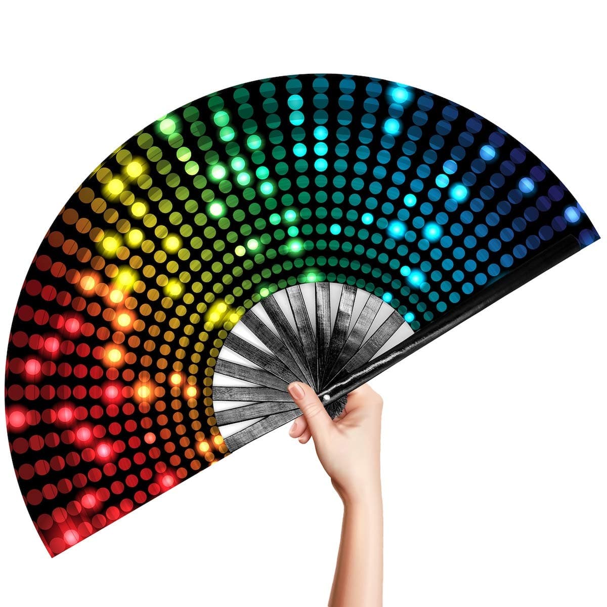 OMyTea Large Bamboo Rave Festival Folding Hand Fan for Men/Women - Chinese Japanese Handheld Fan with Fabric Case - for Electronic Dance Music Party, Performance, Decorations, Gift (Disco Lights Dots)