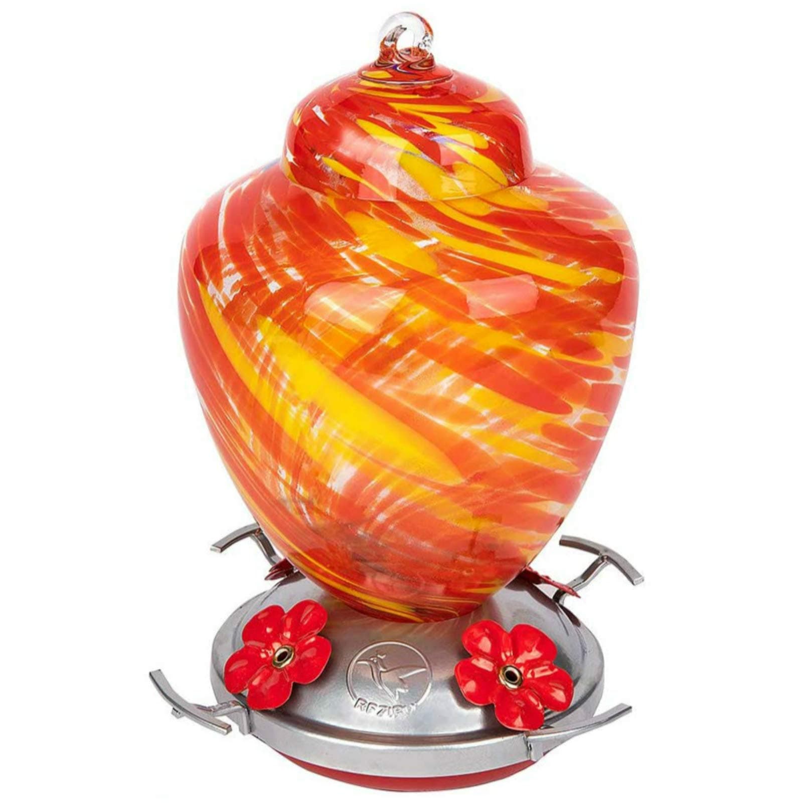 Hummingbird Feeder with Perch - Hand Blown Glass - 38 Fluid Ounces Hummingbird Nectar Capacity Include Hanging Wires and Moat Hook(Orange)