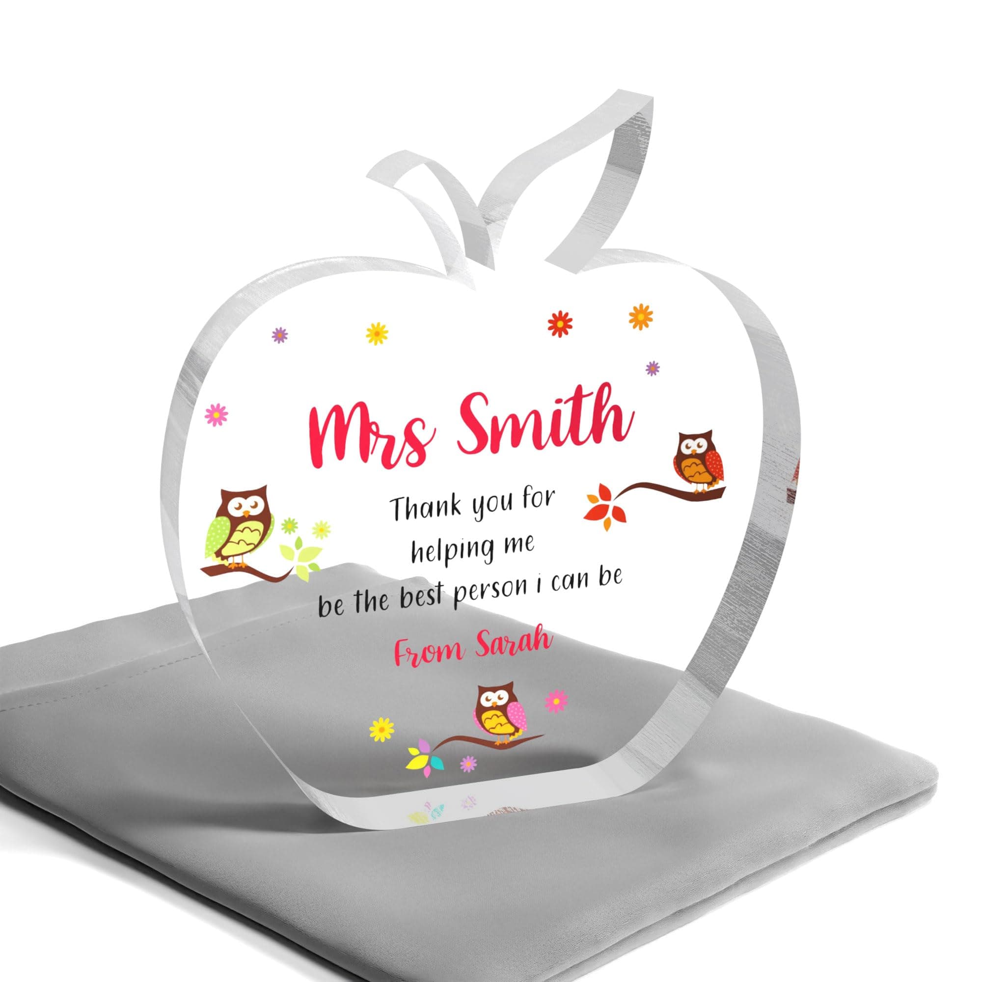 Beecreative Personalised Thank You Teacher Gift - Bespoke Acrylic Teacher Apple Keepsake - Freestanding Teacher Gift - With Grey Bag