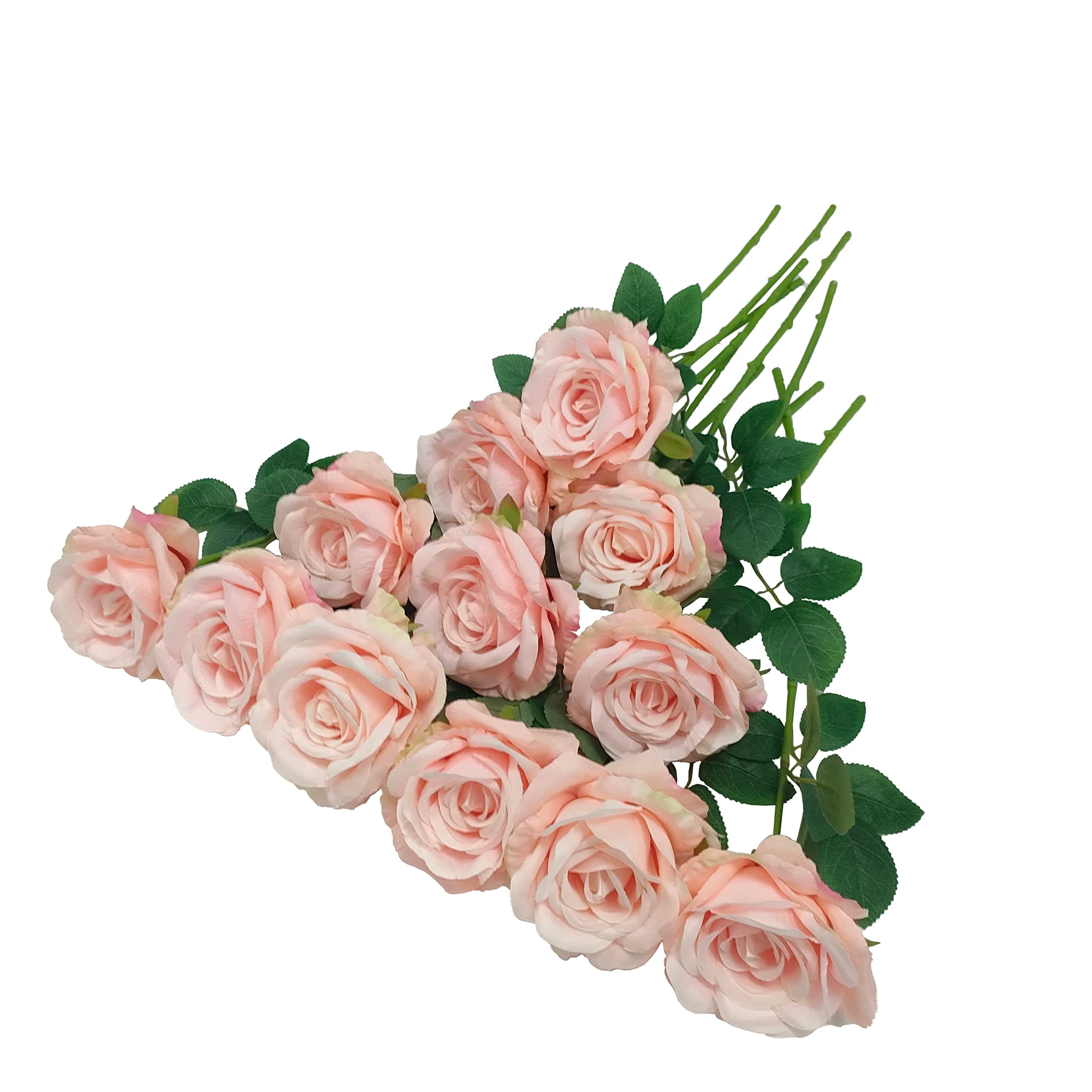 ATFL Blush Flowers,12 Pcs Blush Pink Roses,Light Pink Artificial,Flower Diameter 4'',Artificial Roses with Stems for Wedding Arrangement Centerpieces Party Home Table Decorations(Blush Pink)