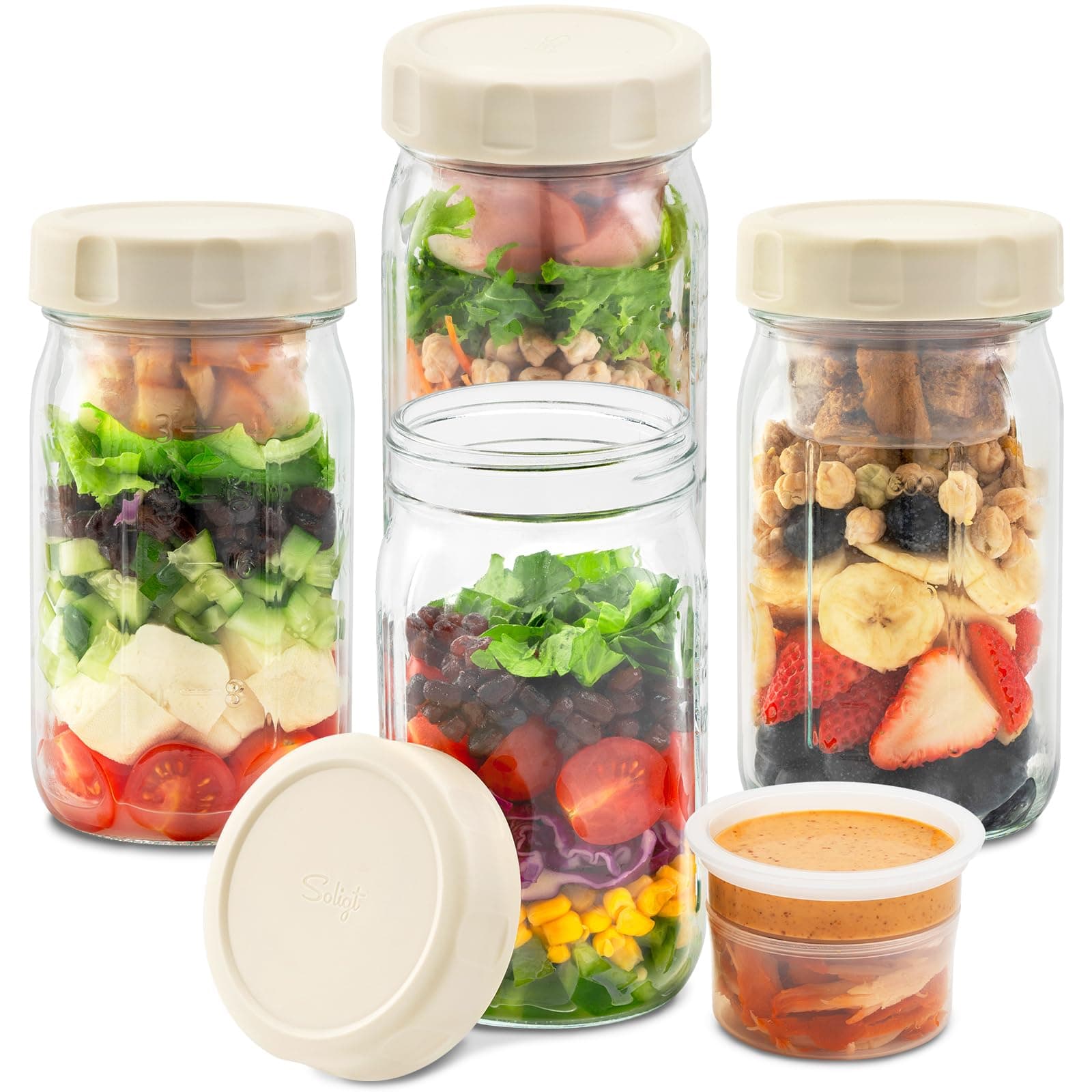 SOLIGT 4 Pack Glass Salad Jars with Lids Meal Prep, Leakproof Salad Container for Lunch, Two Small Built-in Boxes with Wet/Dry Separation for Salad Dressing and Dry Ingredients, 32oz Mason Jars