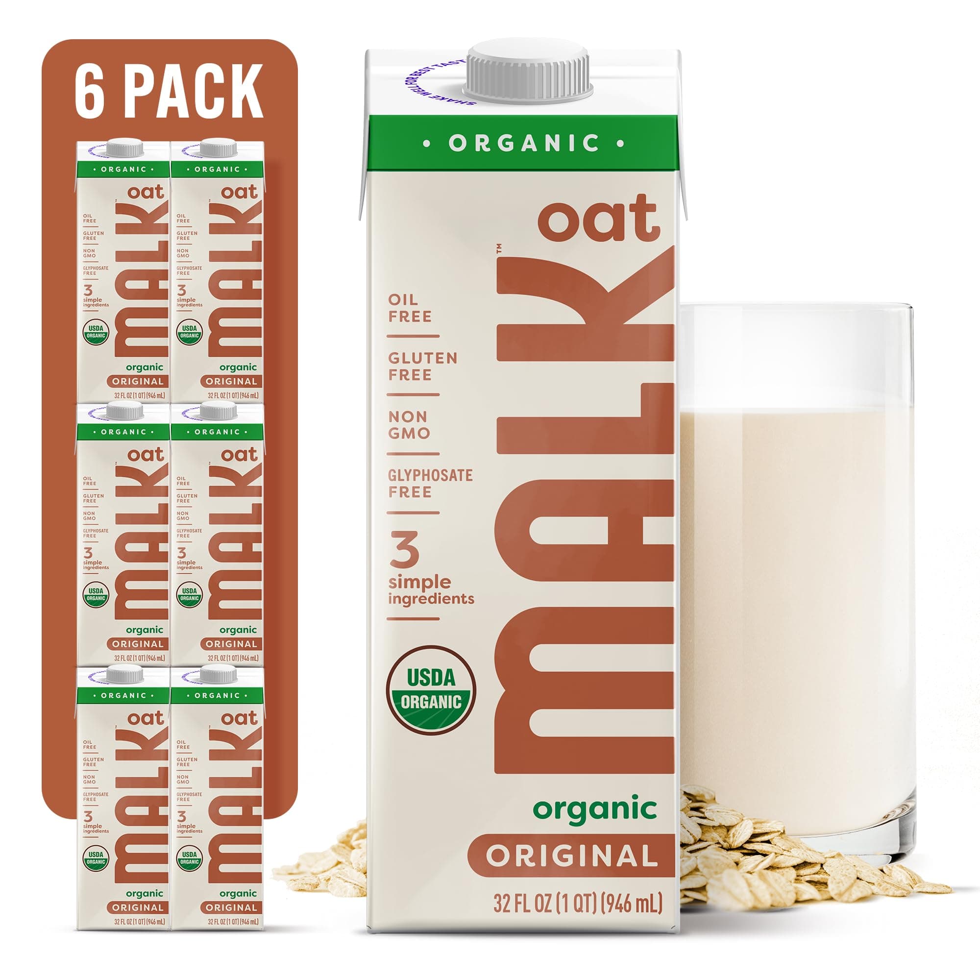 MALK Oat Milk Unsweetened (32oz, Pack of 6) - Shelf Stable Organic Oat Milk, Non GMO, Whole 30, Dairy Free, Vegan, Plant Based, No Gums or Fillers - Malk Oatmilk for Smoothies, Cereal,