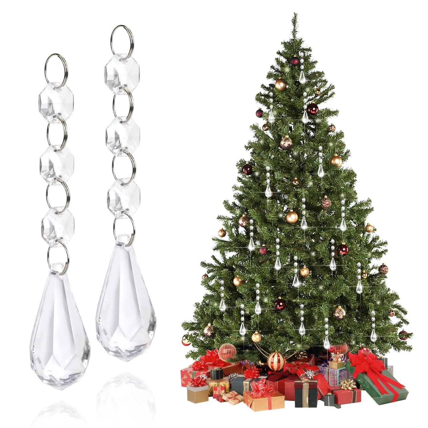Christmas Crystal Decorations, 38PCS Christmas Tree Decor Ball Ornaments Set Hanging Acrylic Chandelier Beads for Xmas Garland Wedding Halloween Party Sun Catcher Rainbow Maker with Linen Bag